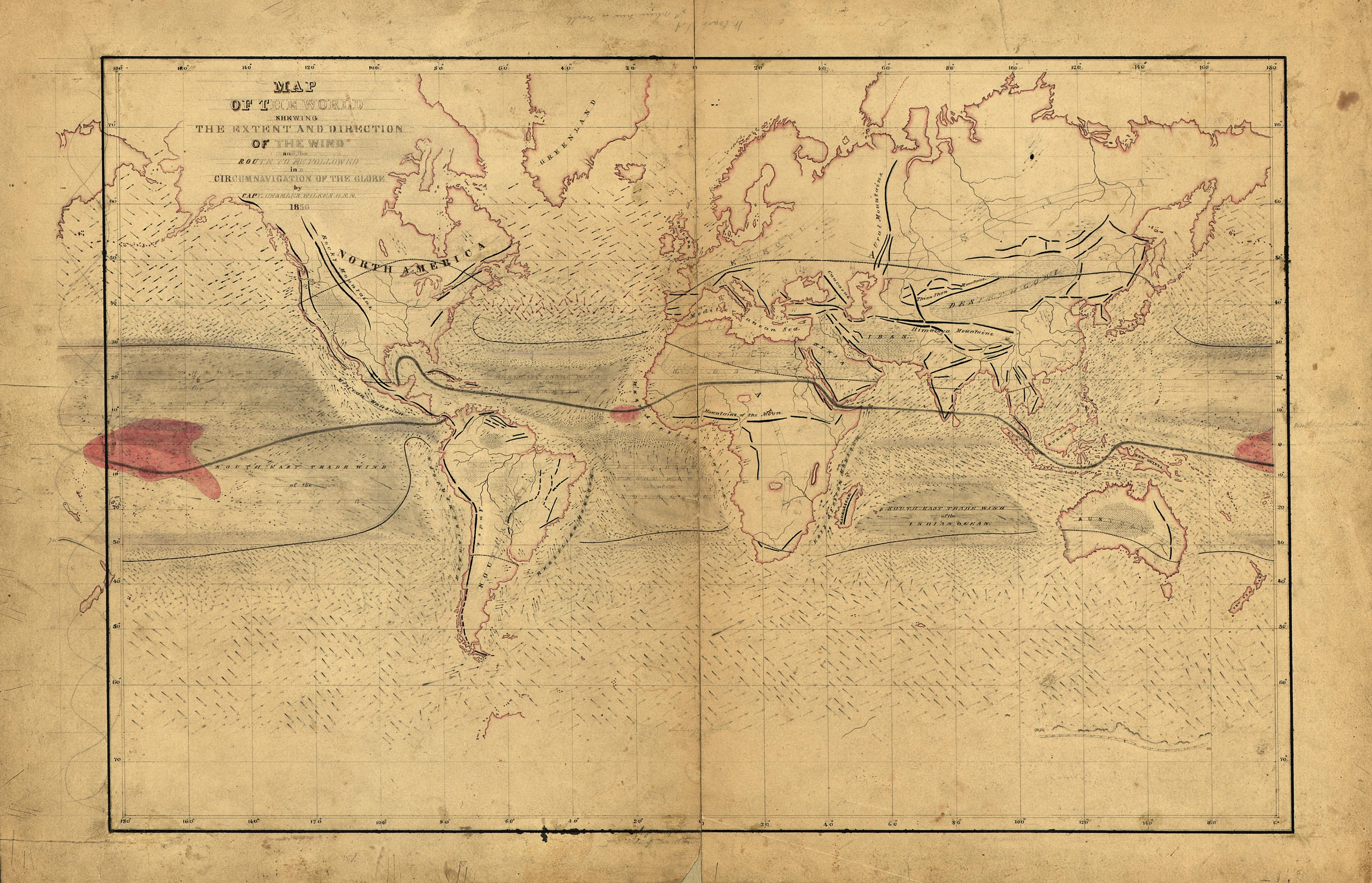 Map of the world shewing the extent and direction of the wind and the route to be followed in a circumnavigation of the
