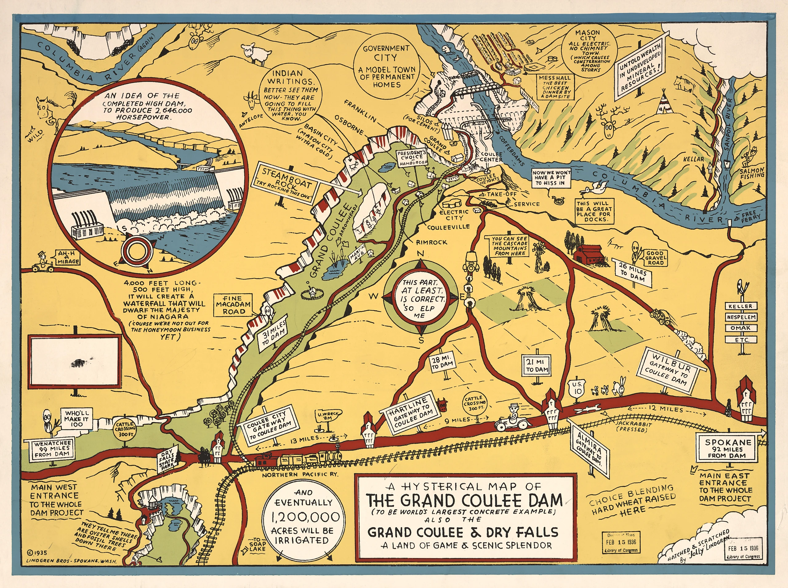 A hysterical map of the Grand Coulee Dam (to be the world's largest concrete example), also the Grand Coulee & Dry Falls