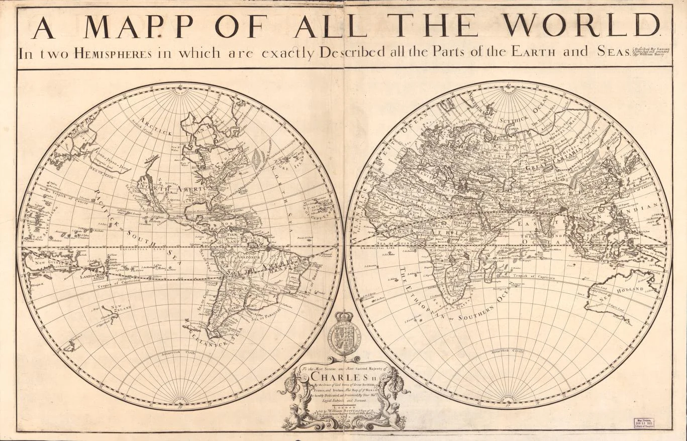 A mapp of all the world projected in two hemispheres in which are exactly described all the parts of the Earth and seas
