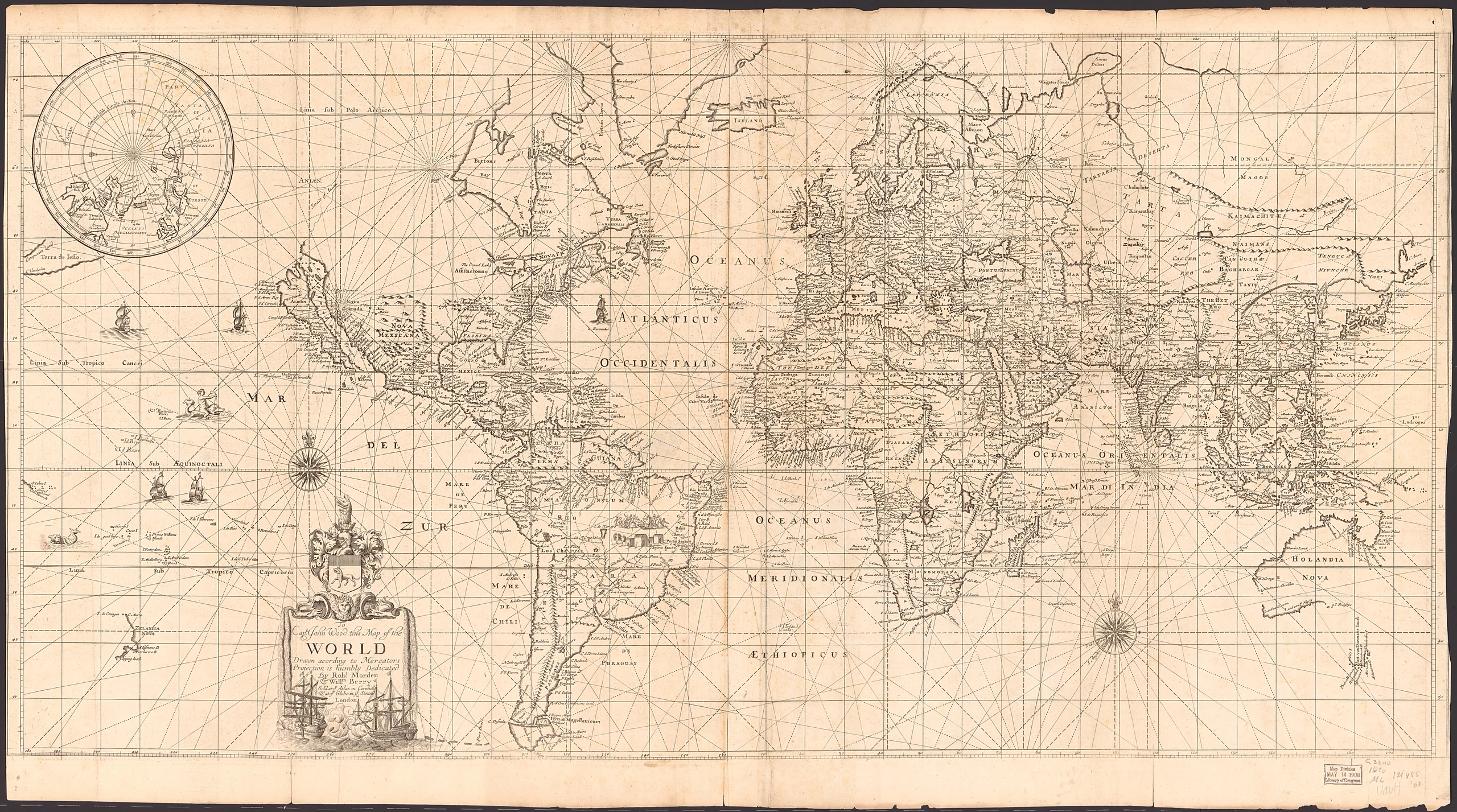 To Capt. John Wood this map of the world, drawn according to Mercators projection, is humbly dedicated