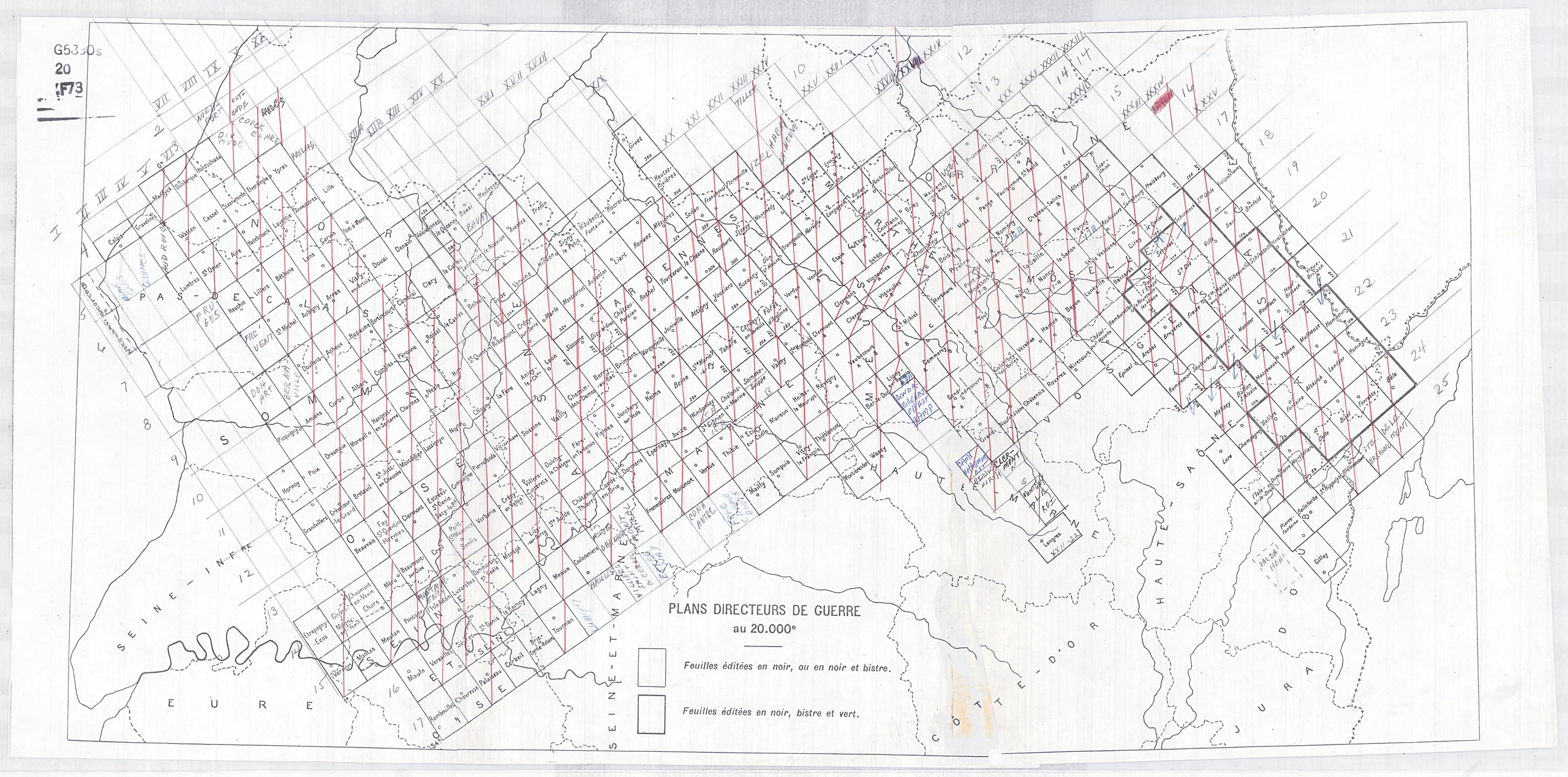 Maps showing entrenchments in France during World War I at a scale of 1:20,000