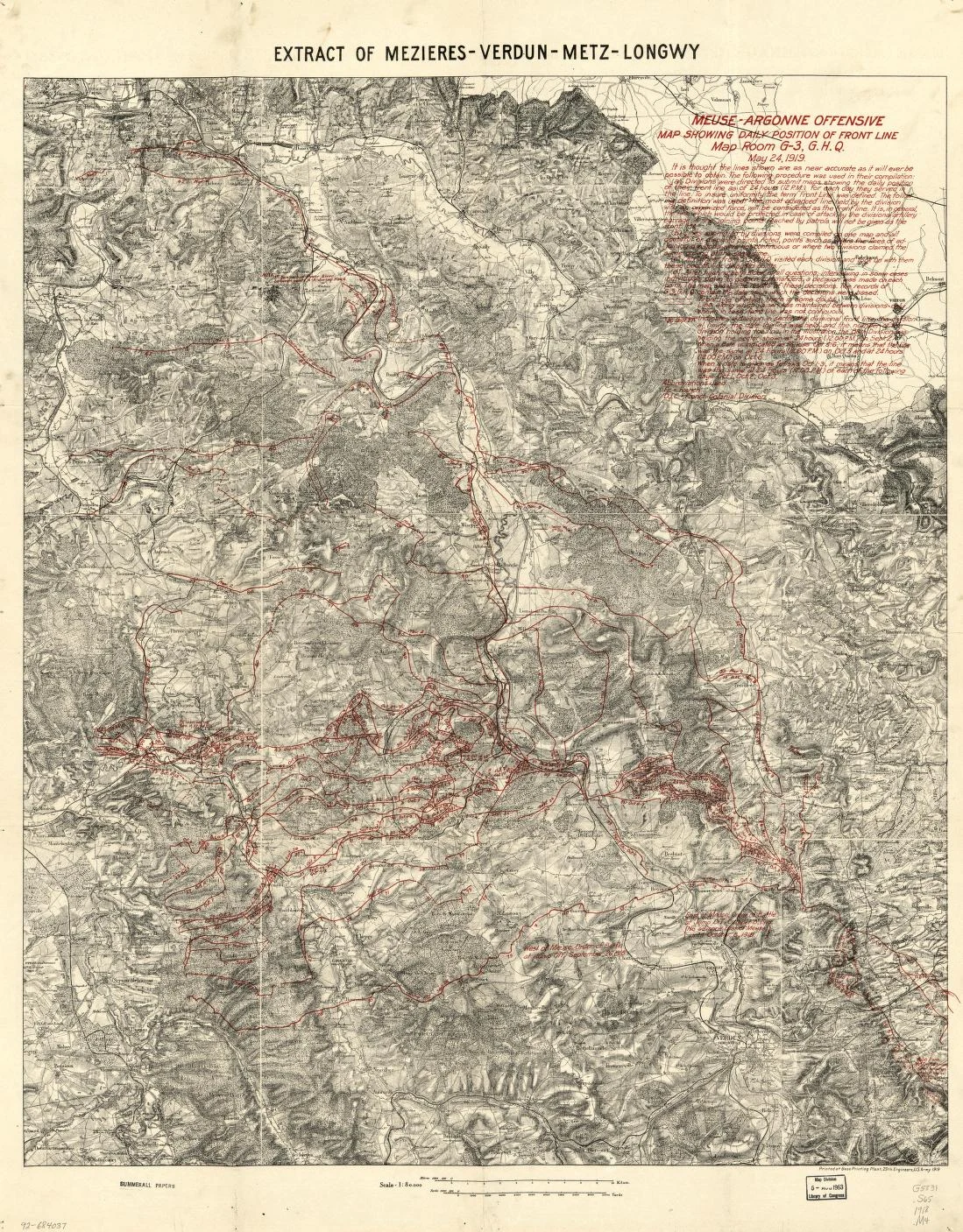 Meuse-Argonne offensive, map showing daily position of front line : Map Room G-3, G.H.Q., May 24, 1919