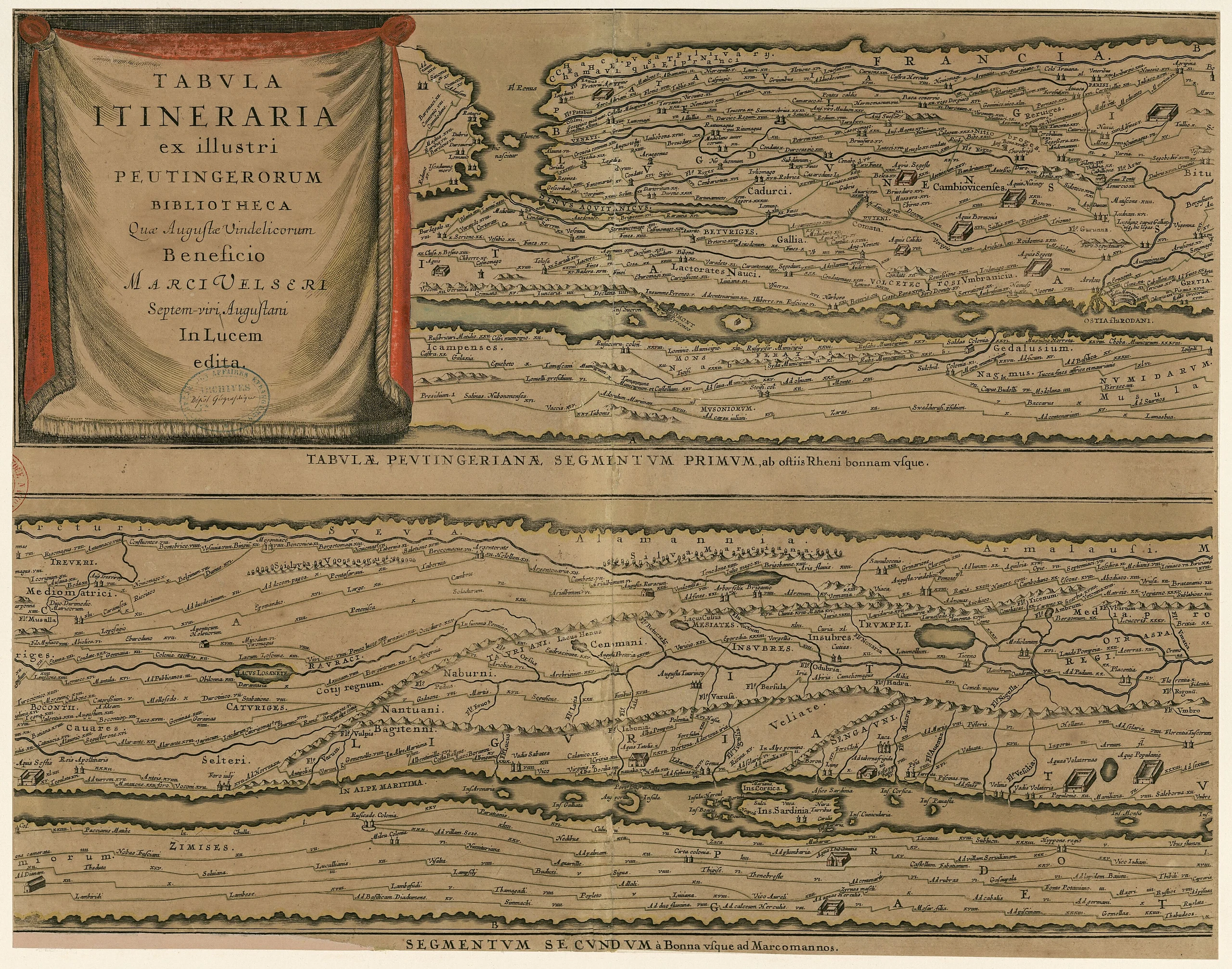 Tabula itineraria - ex illustri Peutingerorum bibliotheca quae Augustae Vindelicorum beneficio Marci Velseri septemviri