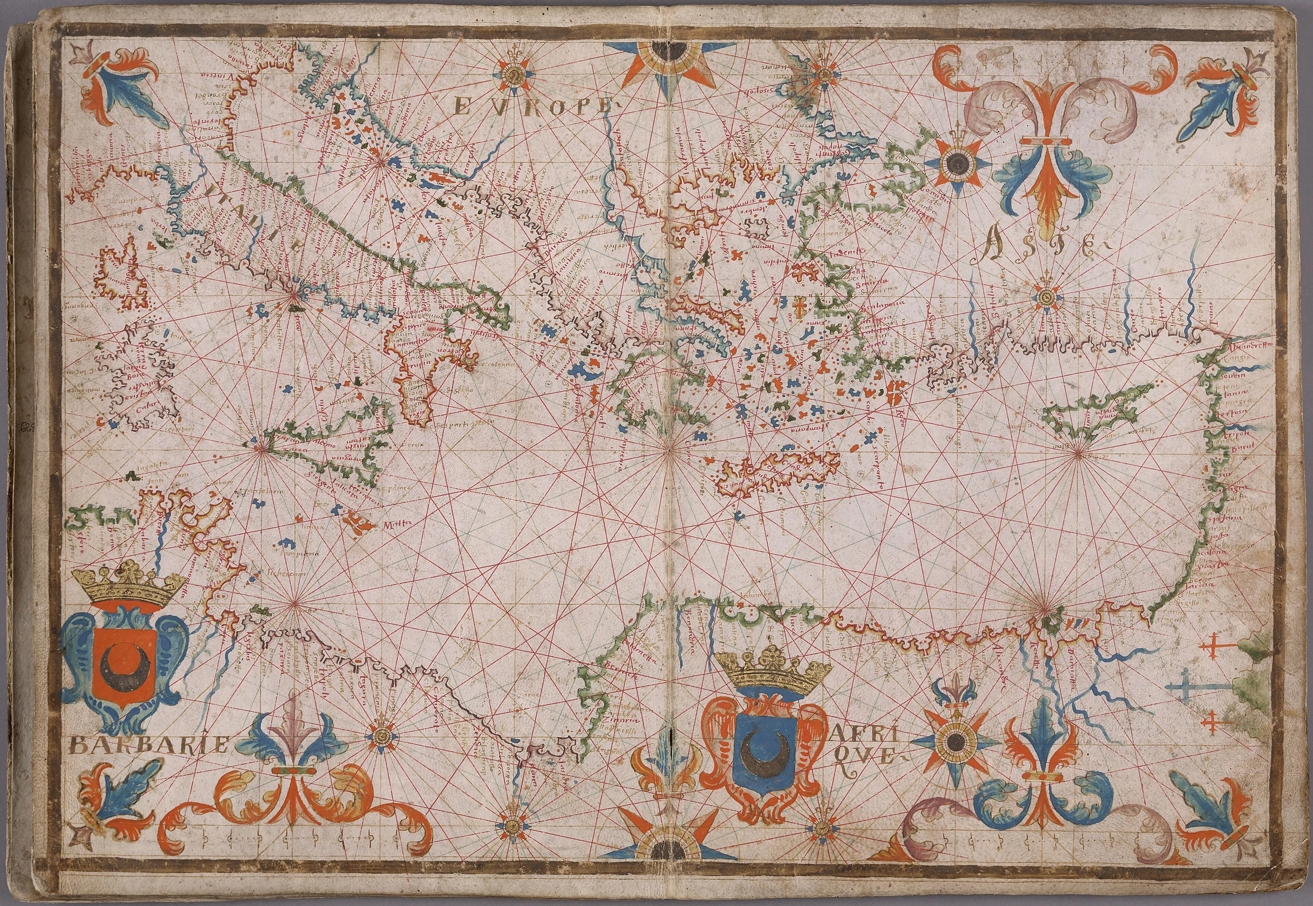 17th century Portolan chart of the Mediterrenean Sea
