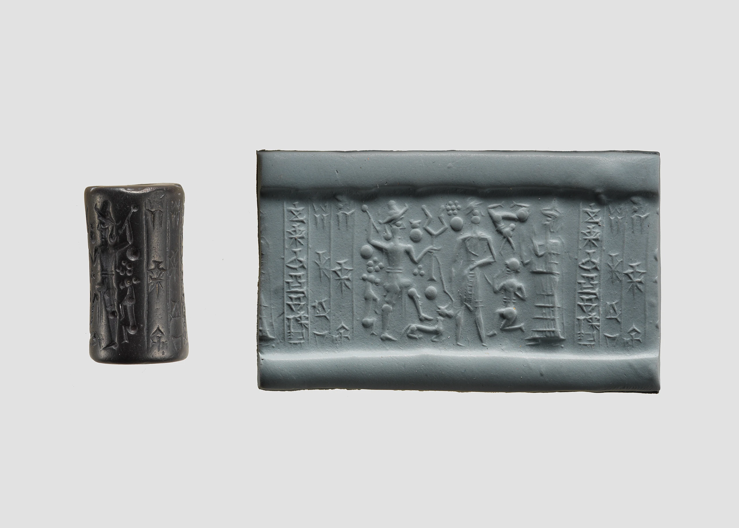 Cylinder seal and modern impression: god with mace and suppliant goddess