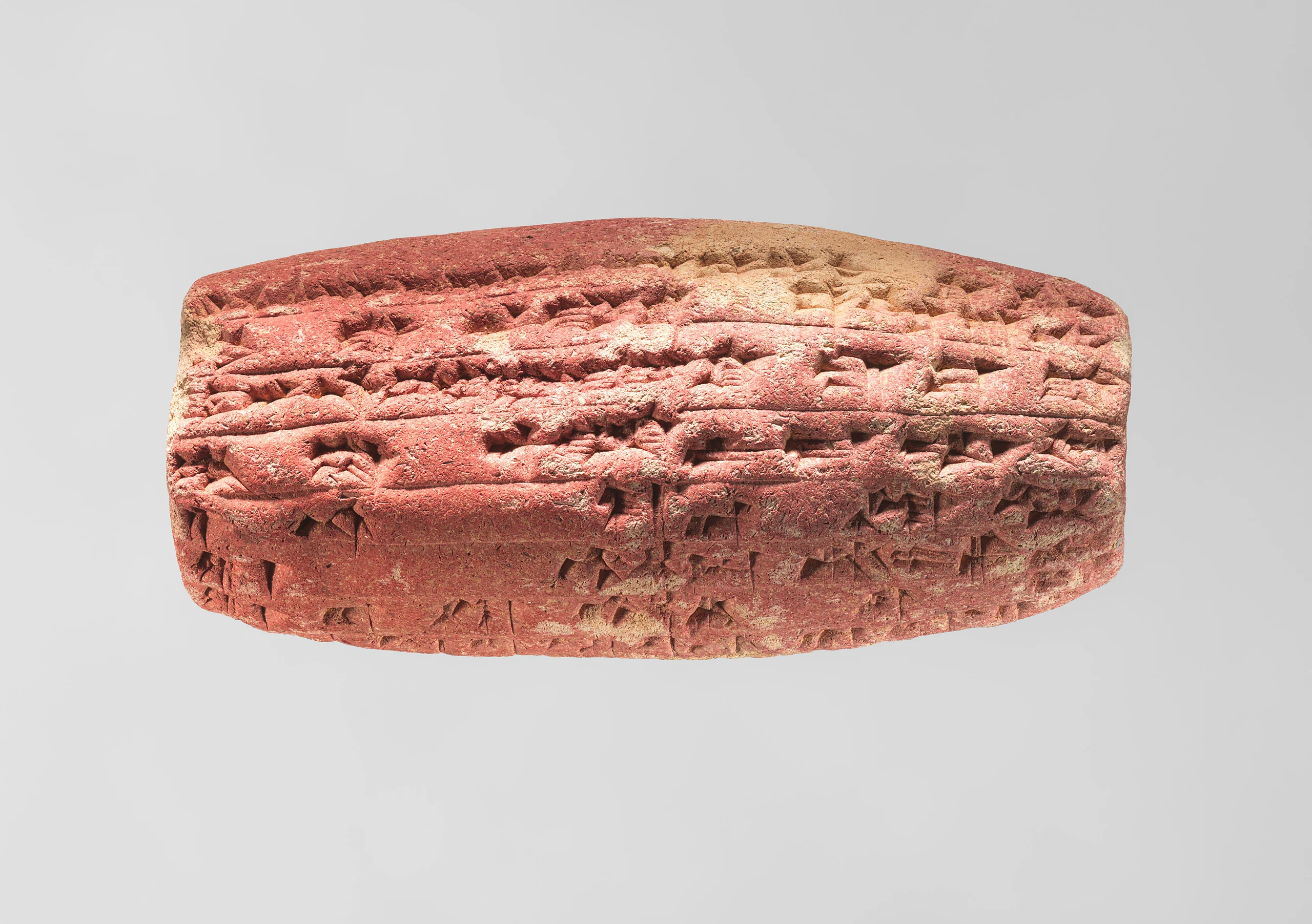 Cuneiform cylinder with inscription of Nebuchadnezzar II describing the rebuilding of the temple of the mother-goddess Ninmah/Belet-ili at Babylon