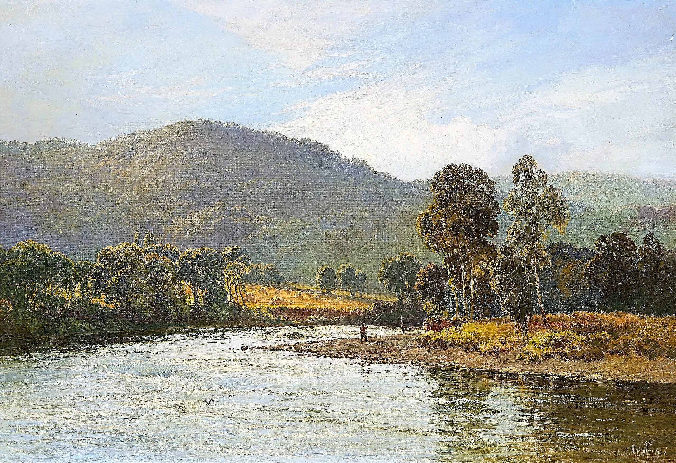 Alfred de Bréanski Scottish Summer Landscape with Angler