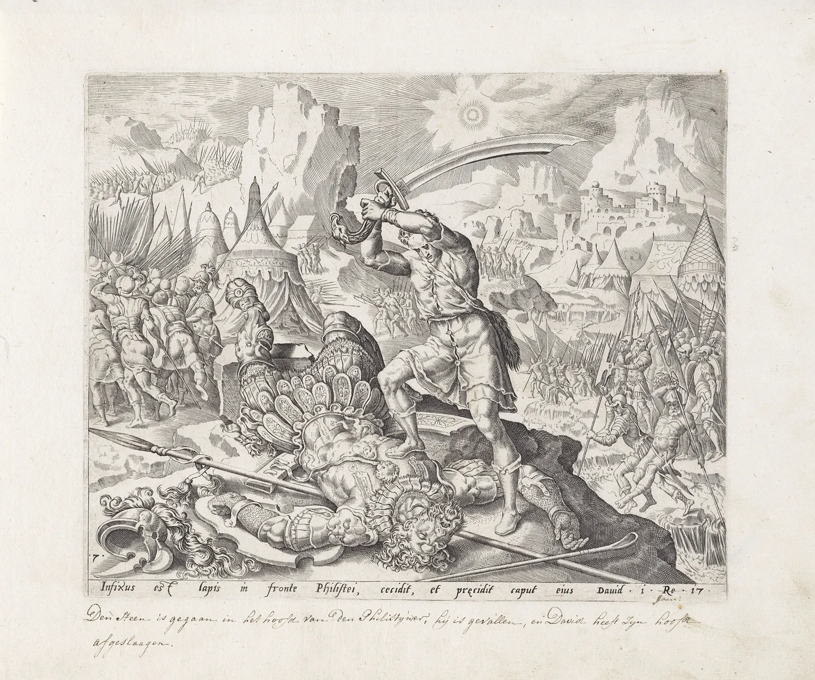 David onthoofdt Goliat. Verhaal van David en Saul (serietitel)Objecttype: prent Serienummer: 7/10Objectnummer: RP-P-1