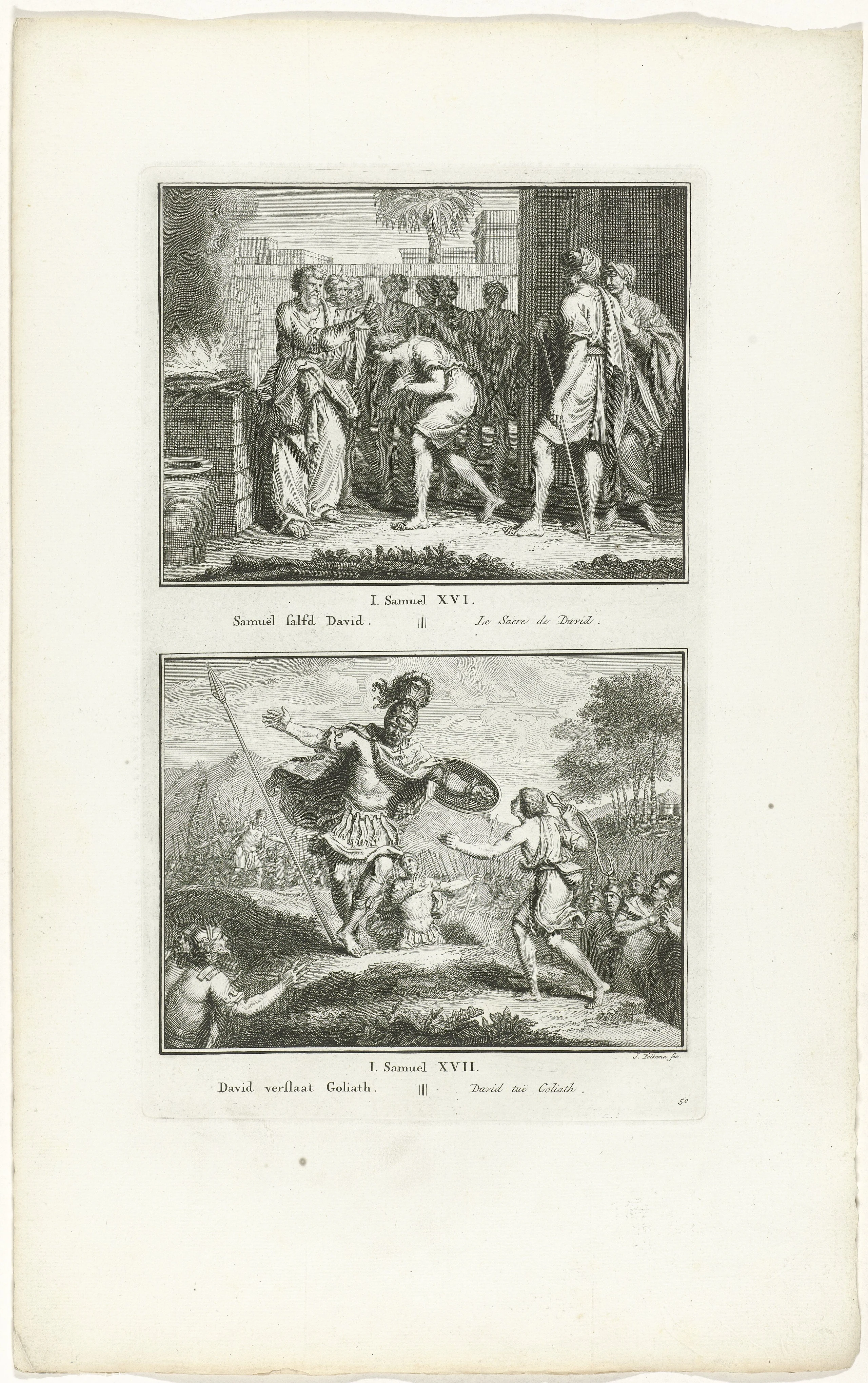Samuel zalft David en David verslaat GoliathObjecttype: prent boekillustratie Objectnummer: RP-P-1933-15Opschriften /