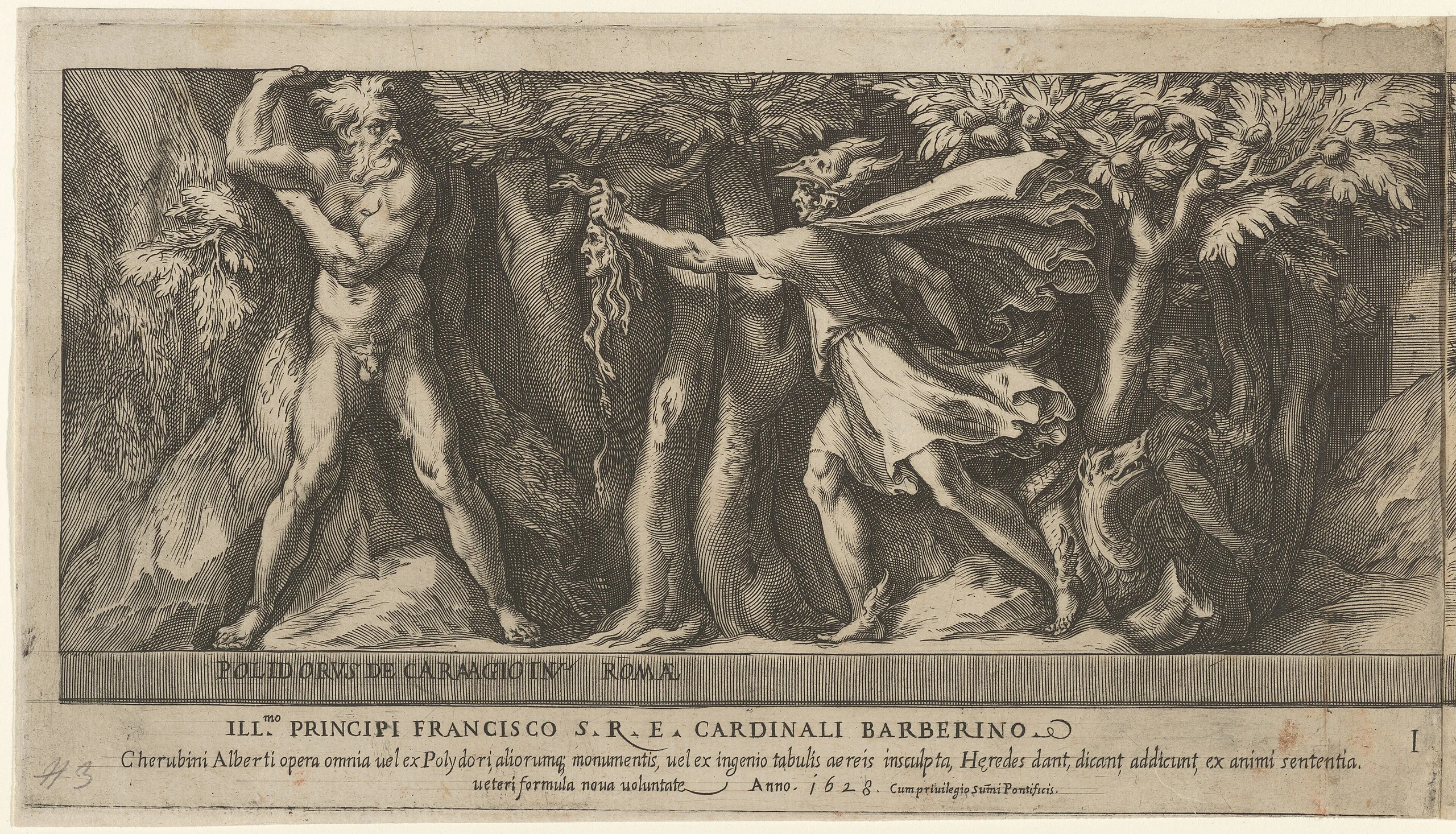 Perseus changing Atlas into a mountan with the head of Medusa, from Perseus and the Golden Apples MET DP836969