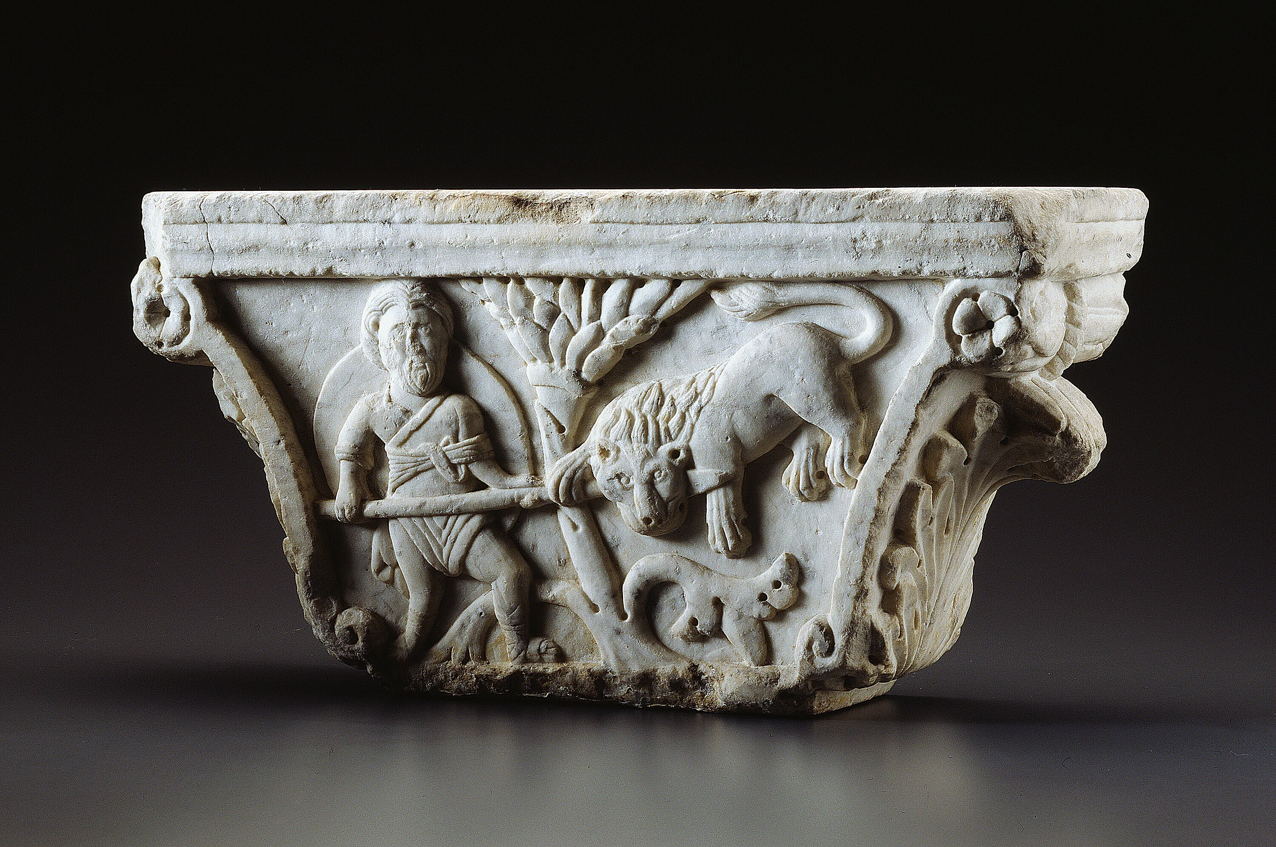 Capital with Man Fighting a Lion (recto); Man Riding a Griffin (verso)