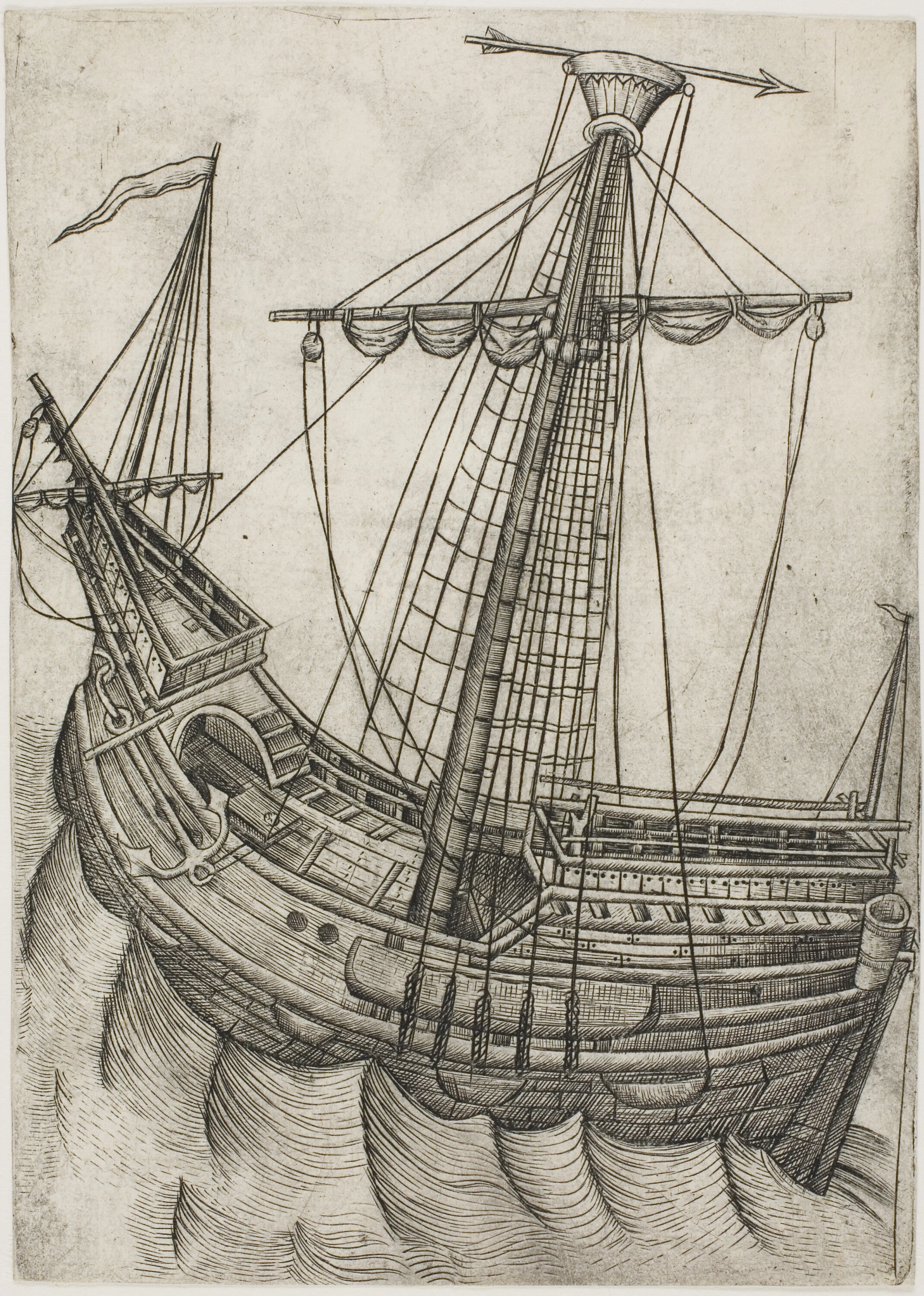 Ship with Sails Furled and Arrow Pointing to the Right