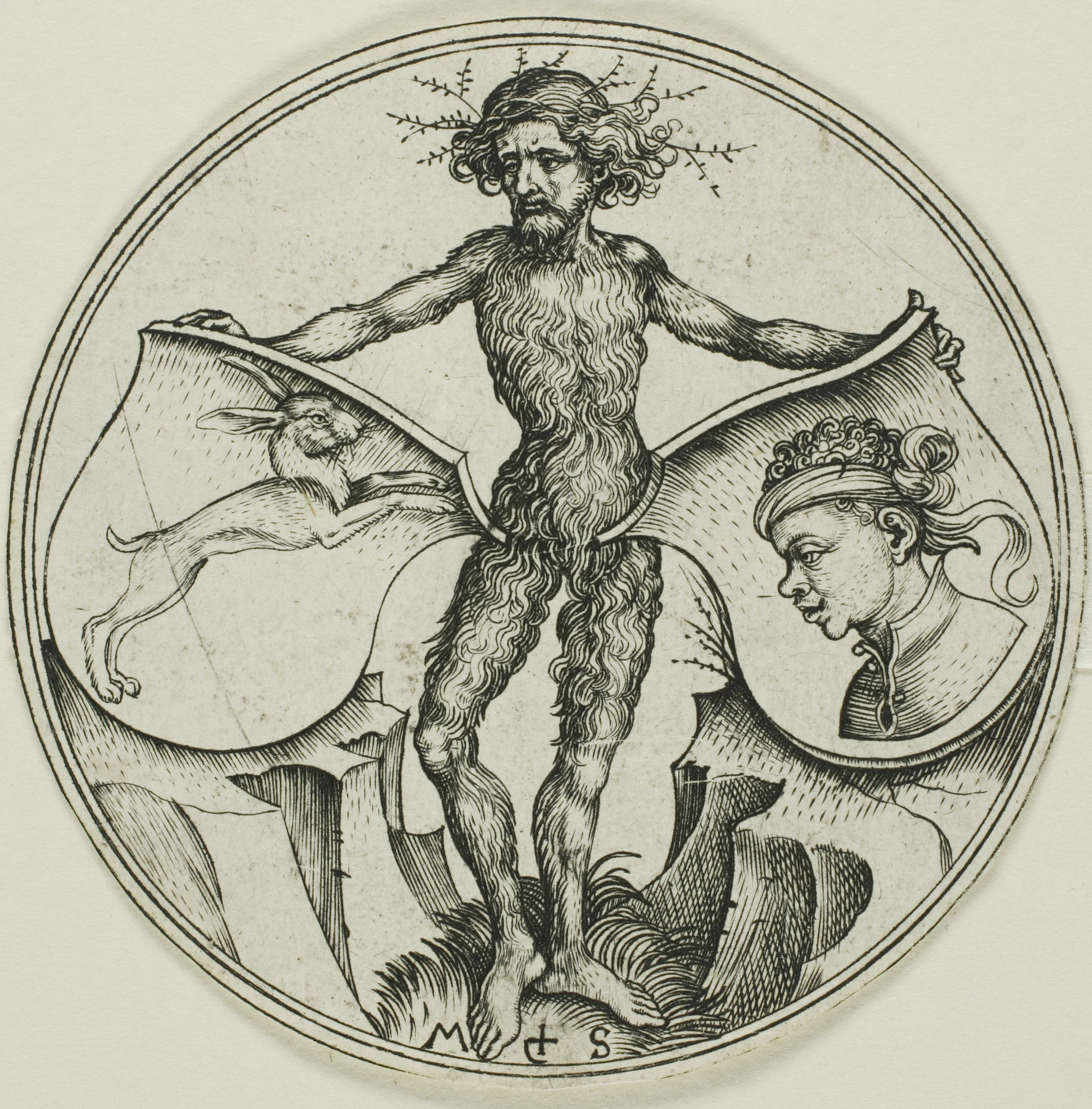Two Shields with a Hare and a Moor's Head, Held by a Wild Man