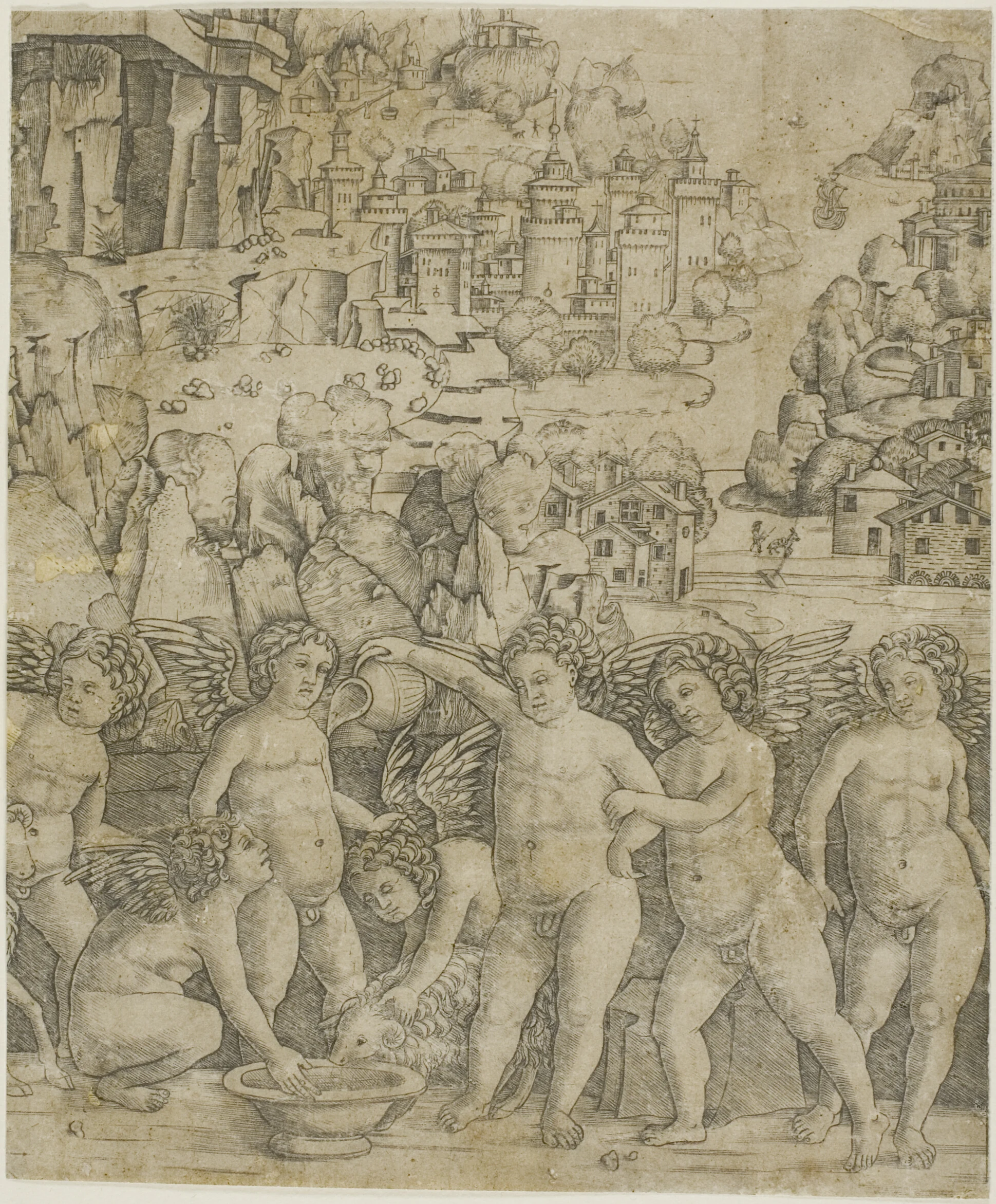 Seven Cupids with Two Rams in a Landscape