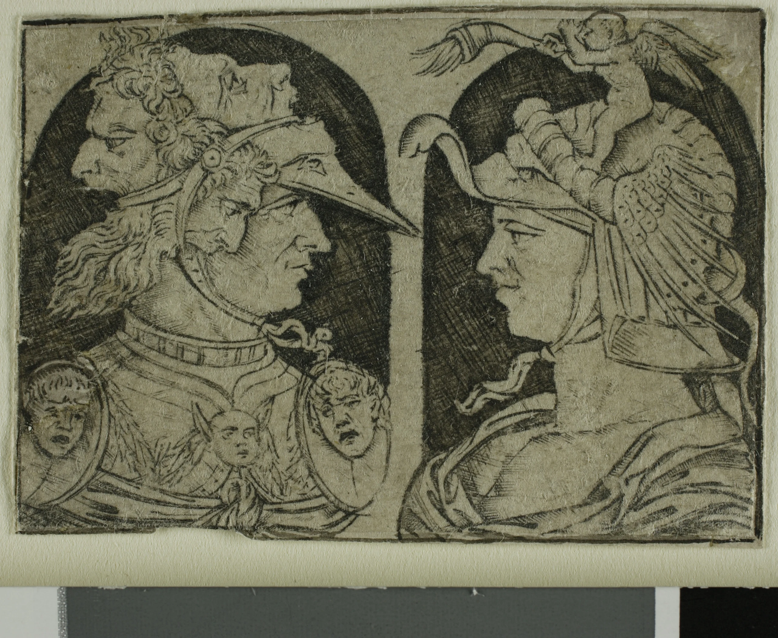 Two Warriors, One with a Winged Genie on His Helmet