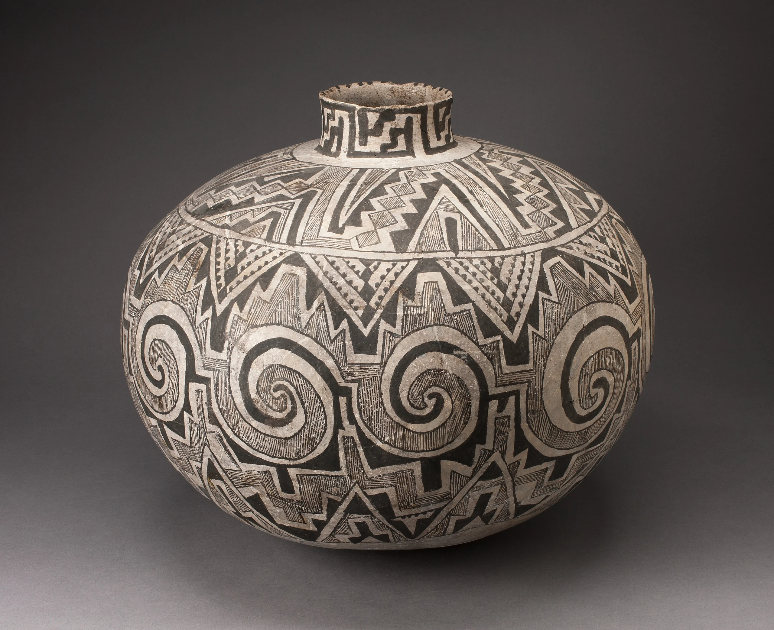 Storage Jar (Olla) with Black, White, and Hathed Linked Scrolls, Triangles, and Stepped Motifs