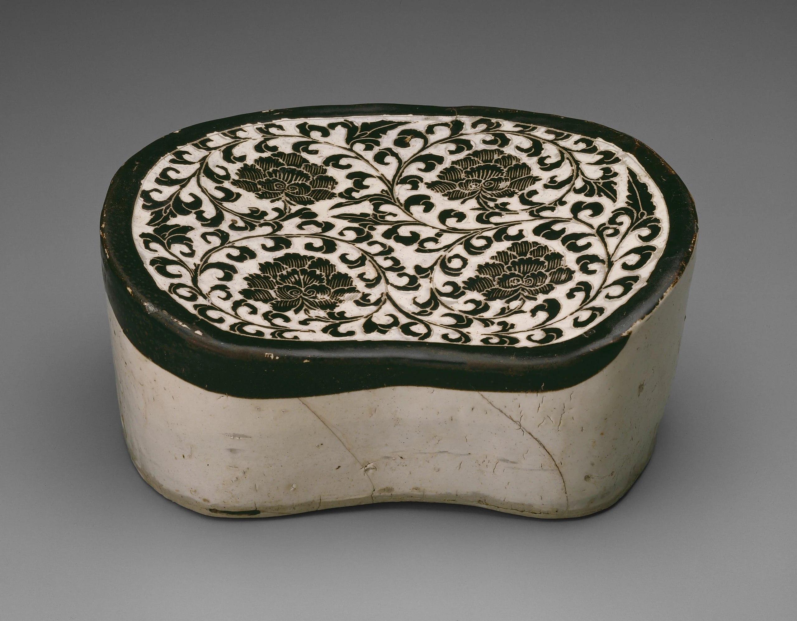Bean-Shaped Pillow with Peony Scrolls