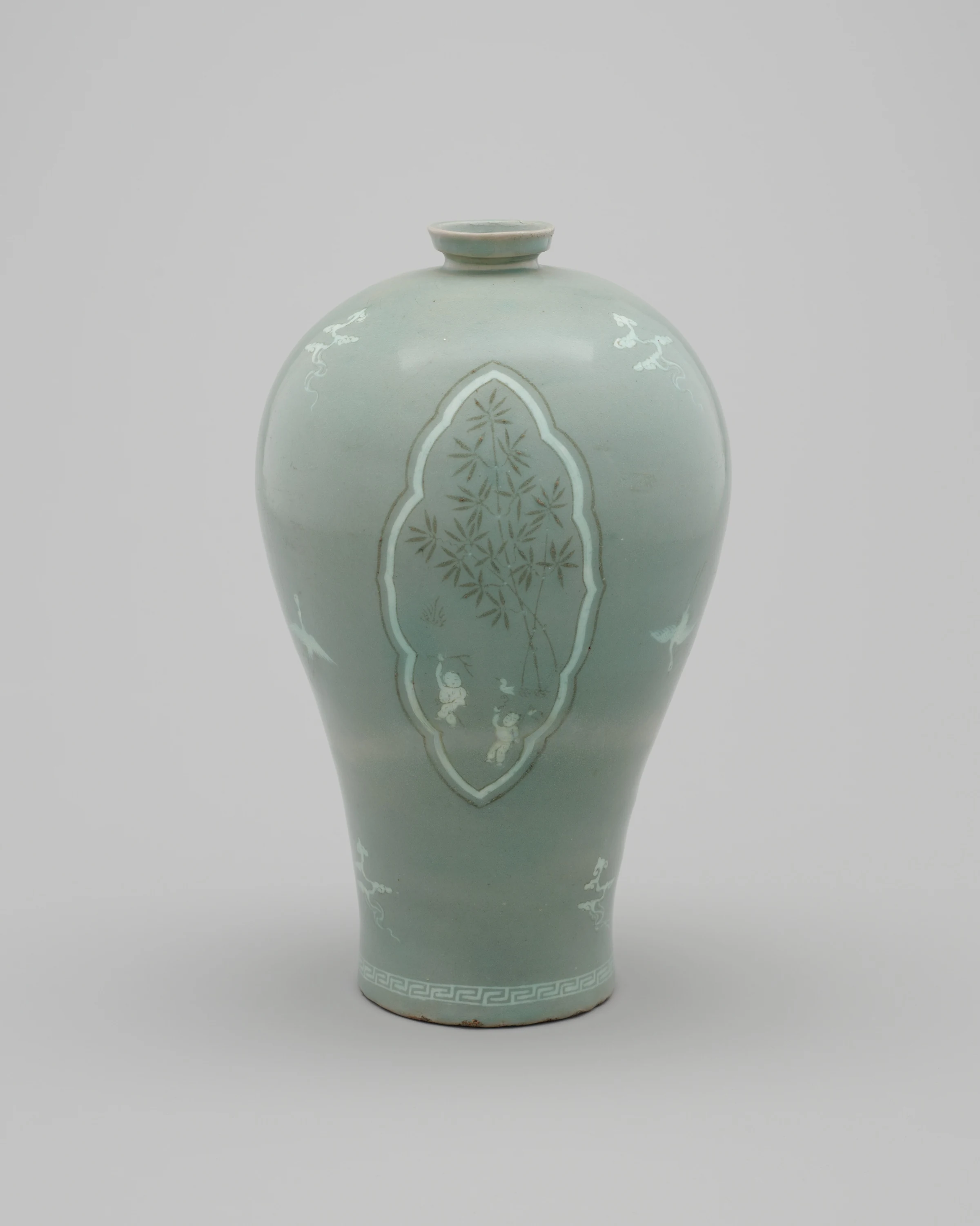 Plum Vase (Maebyeong) with Clouds, Cranes, and Children Motifs