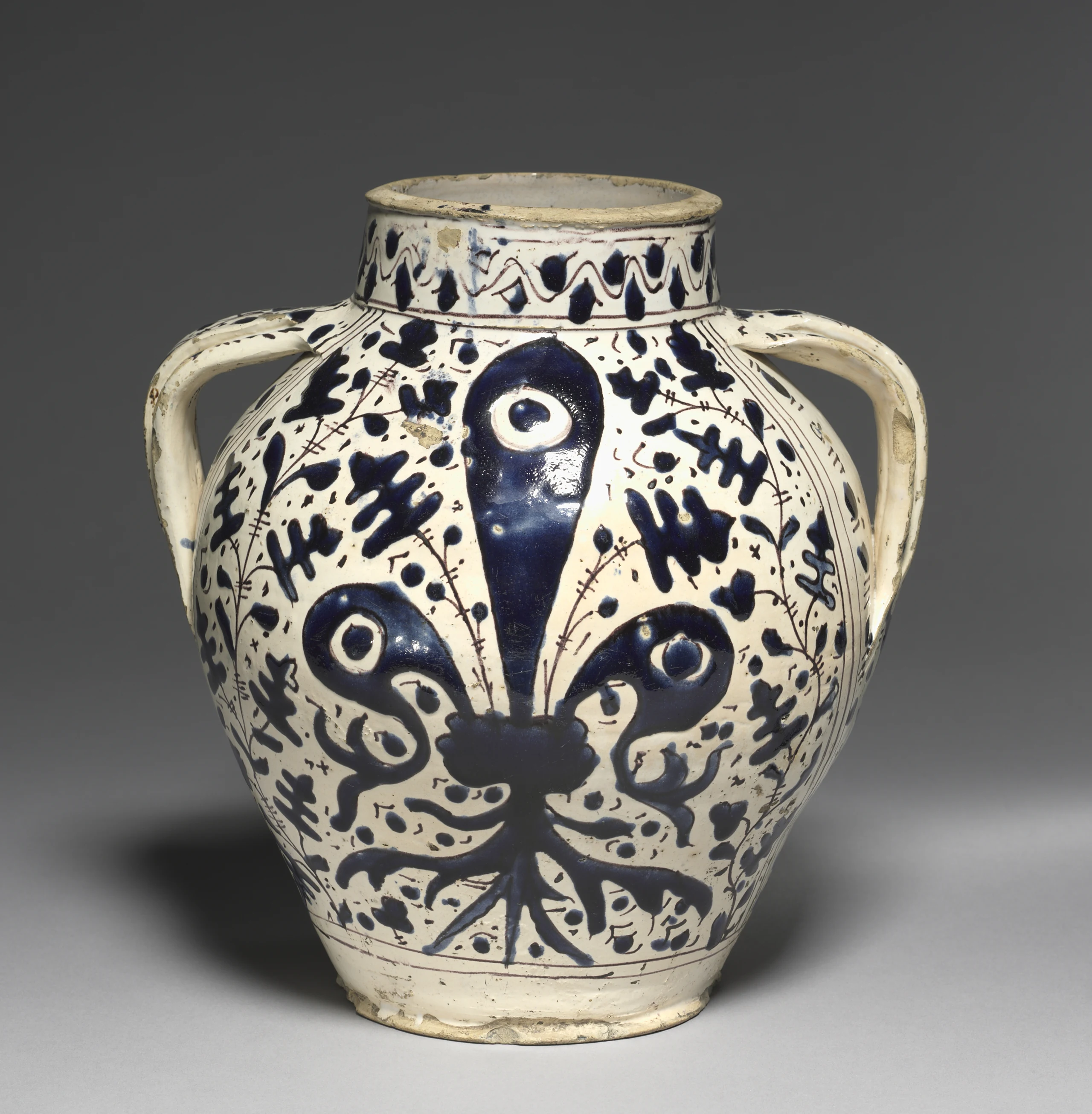 Two-Handled "Oak Leaf" Pharmacy Jar with Fleur-de-Lys