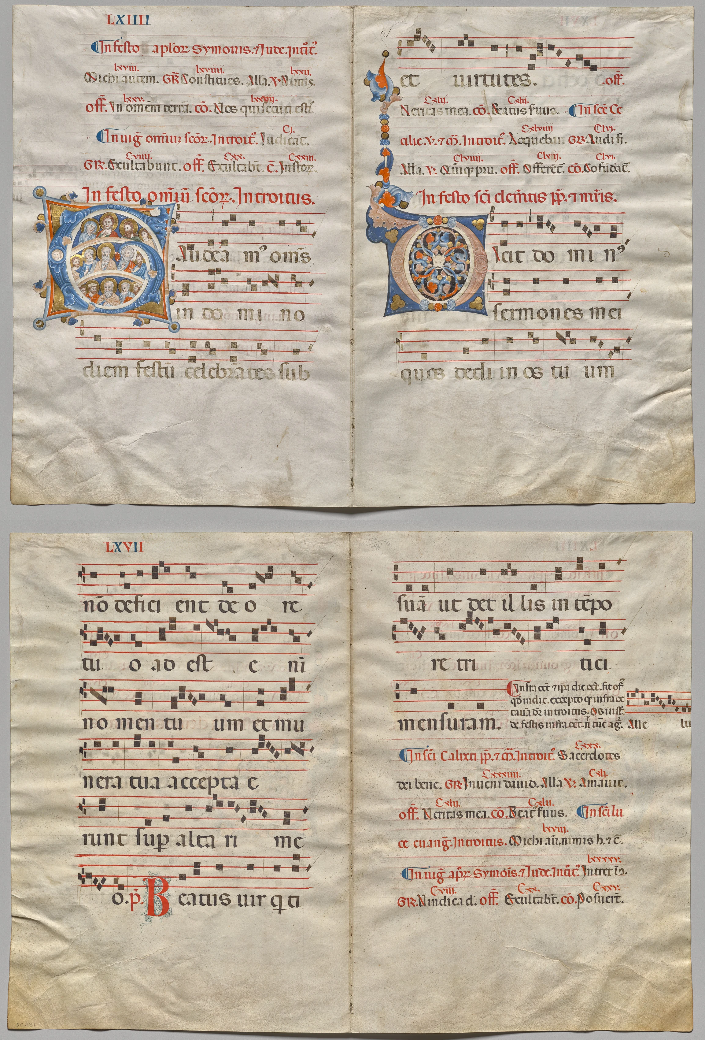 Bifolio from a Gradual: Initial (G) with Christ, the Virgin, and Apostles and Initial (O) (recto); Music and Text (verso)