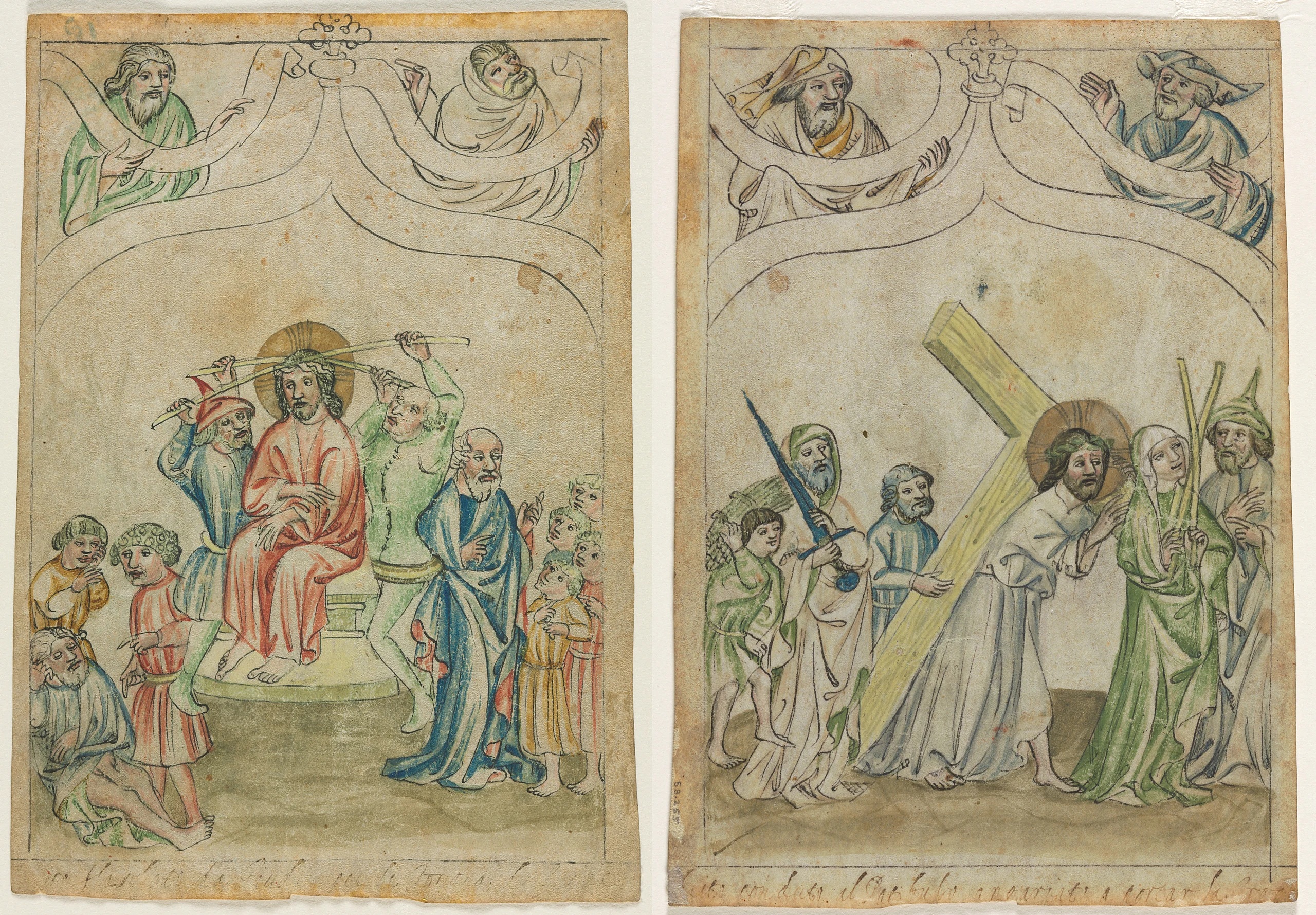Single Leaf from a "Biblia Pauperum": Christ Crowned with Thorns (recto) Christ Carrying the Cross (verso)