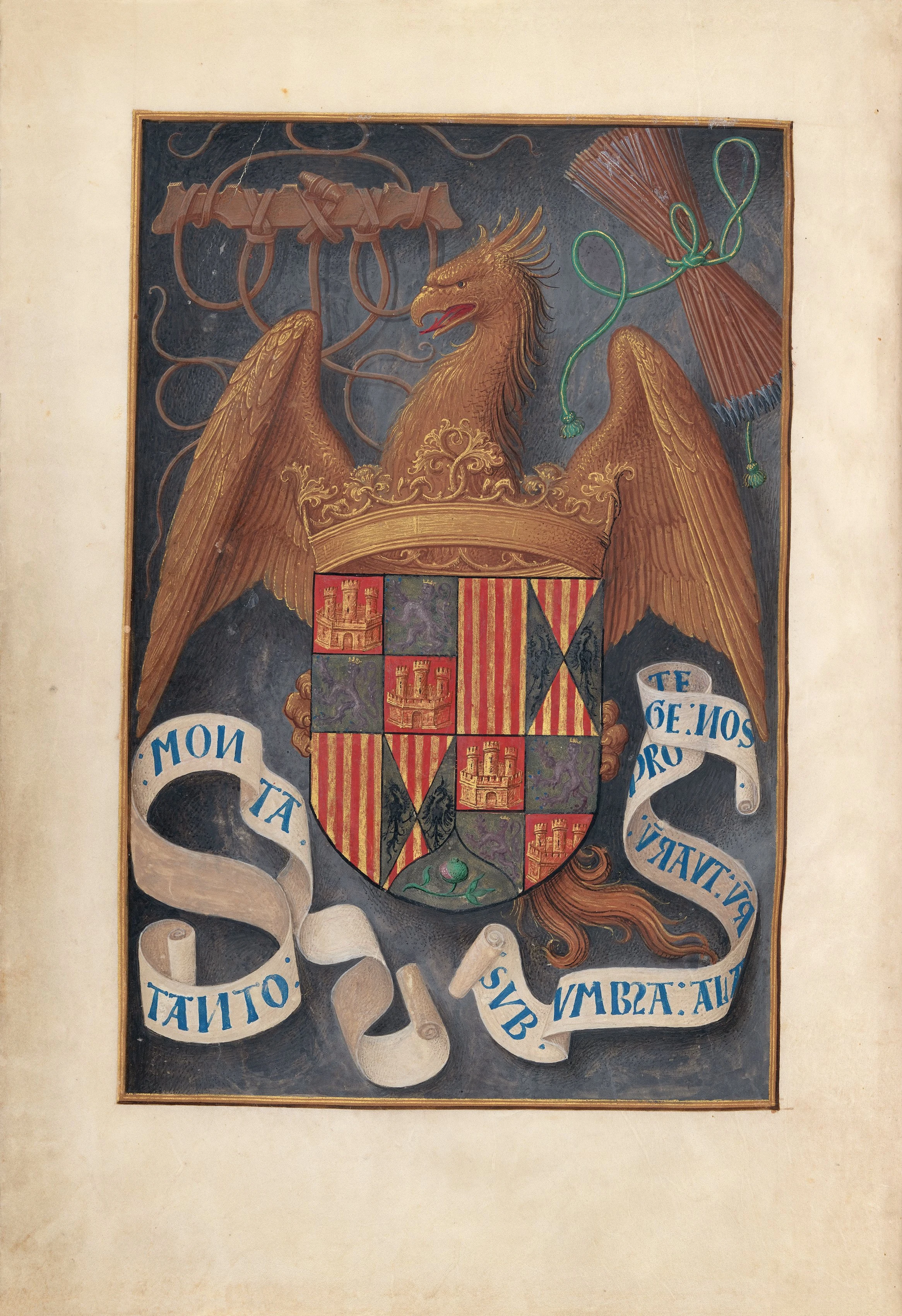 Hours of Queen Isabella the Catholic, Queen of Spain: Fol. 1v, Arms and Mottoes of Isabel la Católica