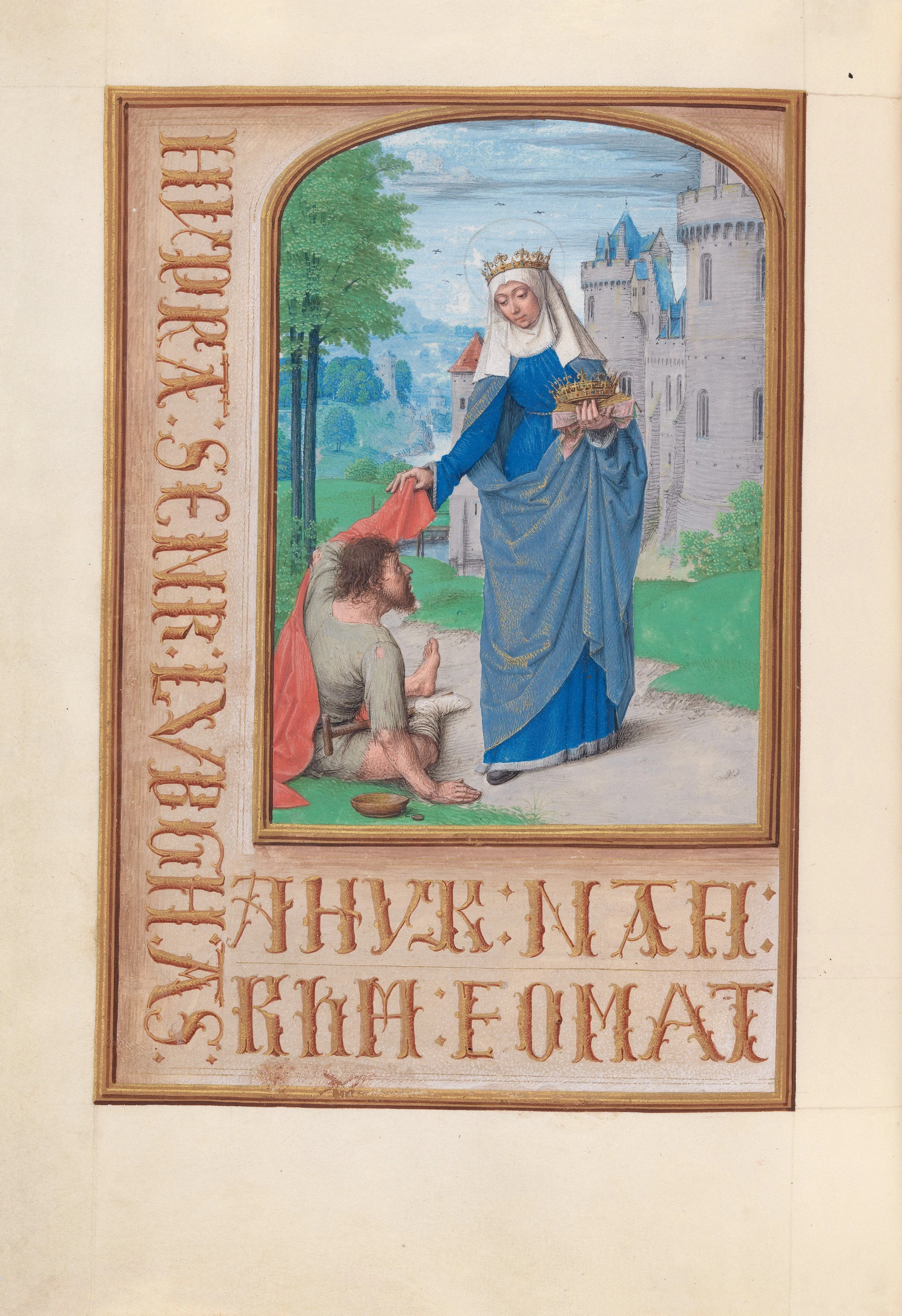 Hours of Queen Isabella the Catholic, Queen of Spain: Fol. 197v, St. Elizabeth of Hungary Clothing the Poor