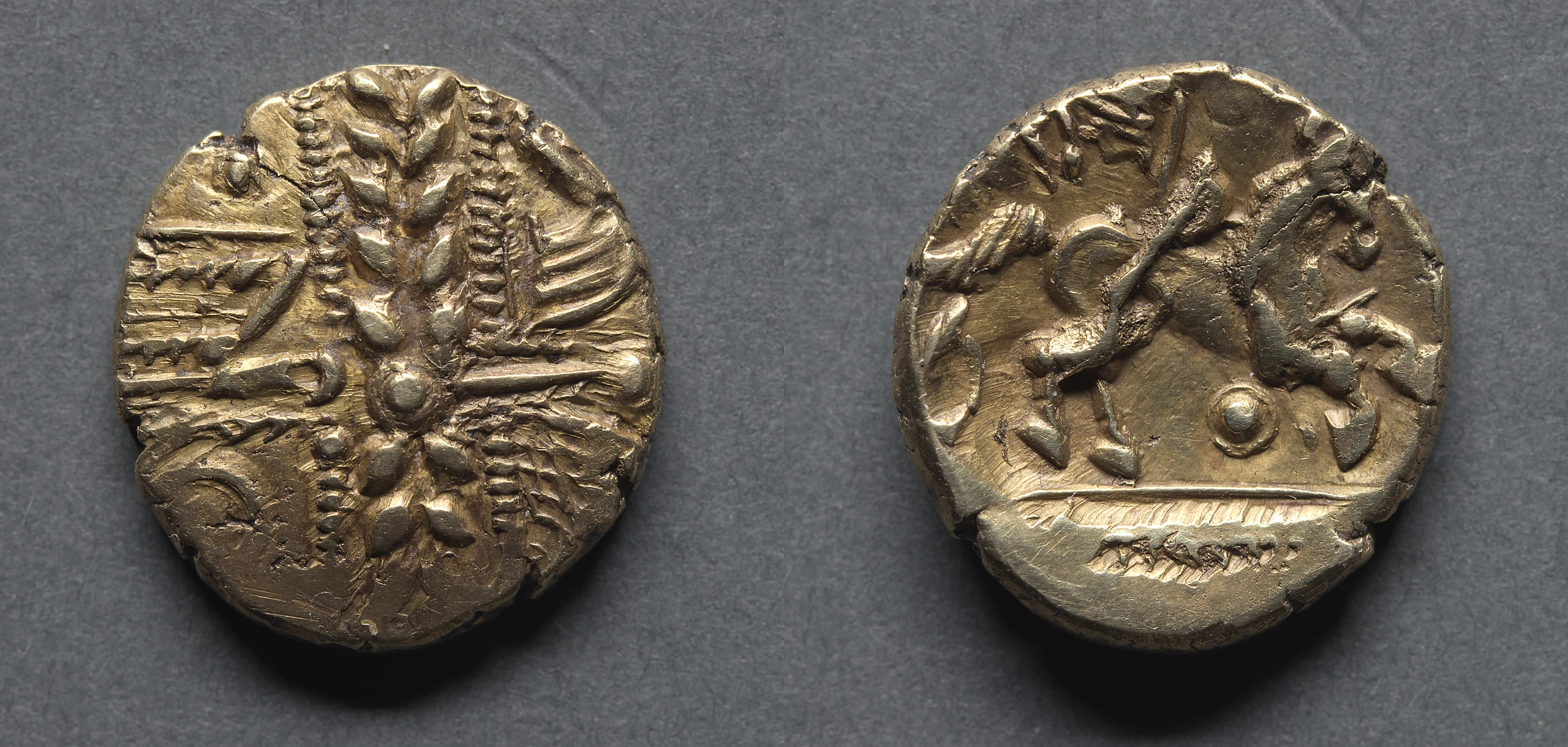Stater: Wreath, Cloak, and Crescents (obverse); Horse and Wing Motif (reverse)