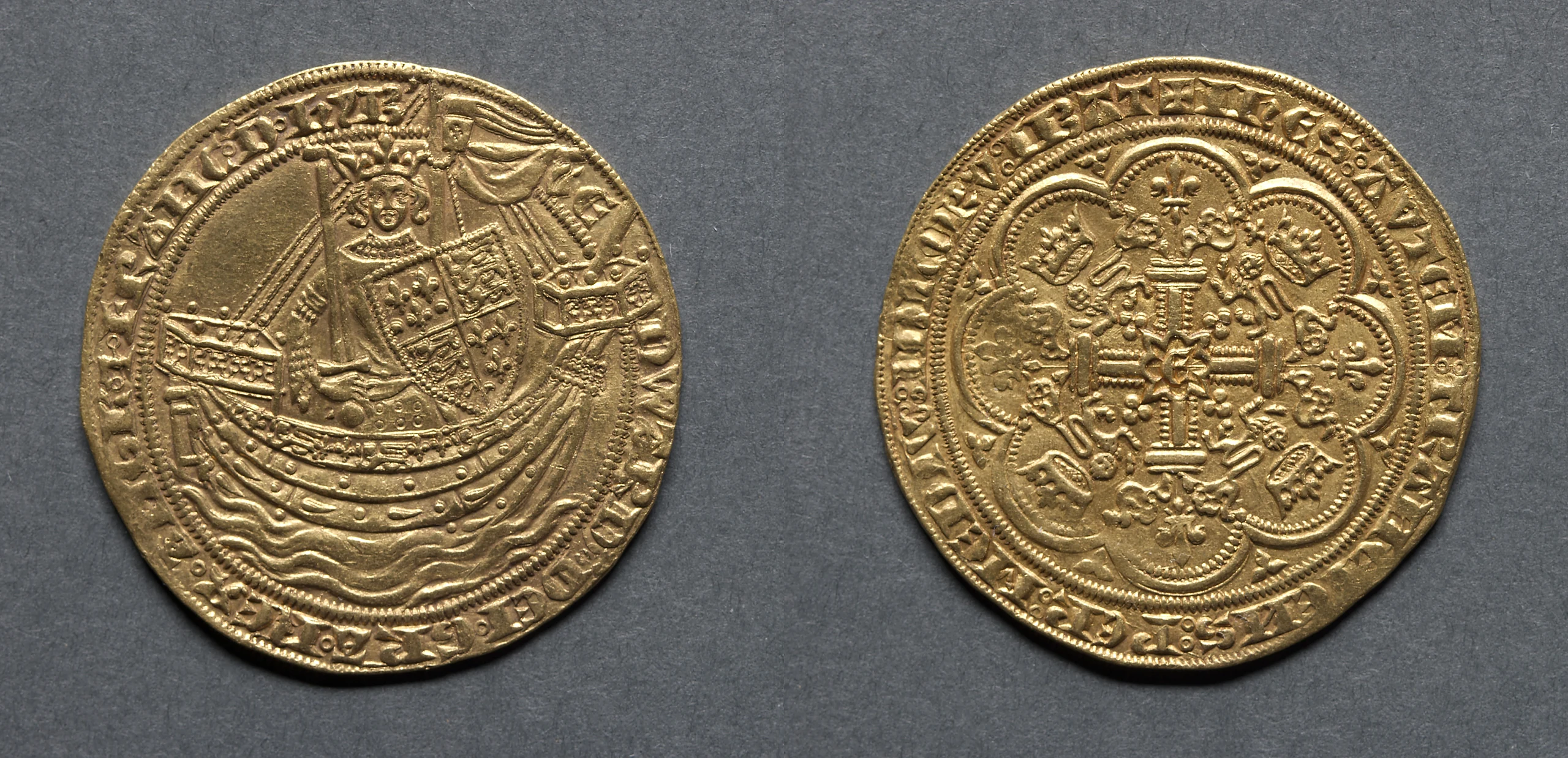 Noble: Edward III Standing in Ship with Shield of Arms (obverse); Ornamental Cross with Lis Terminals (reverse)