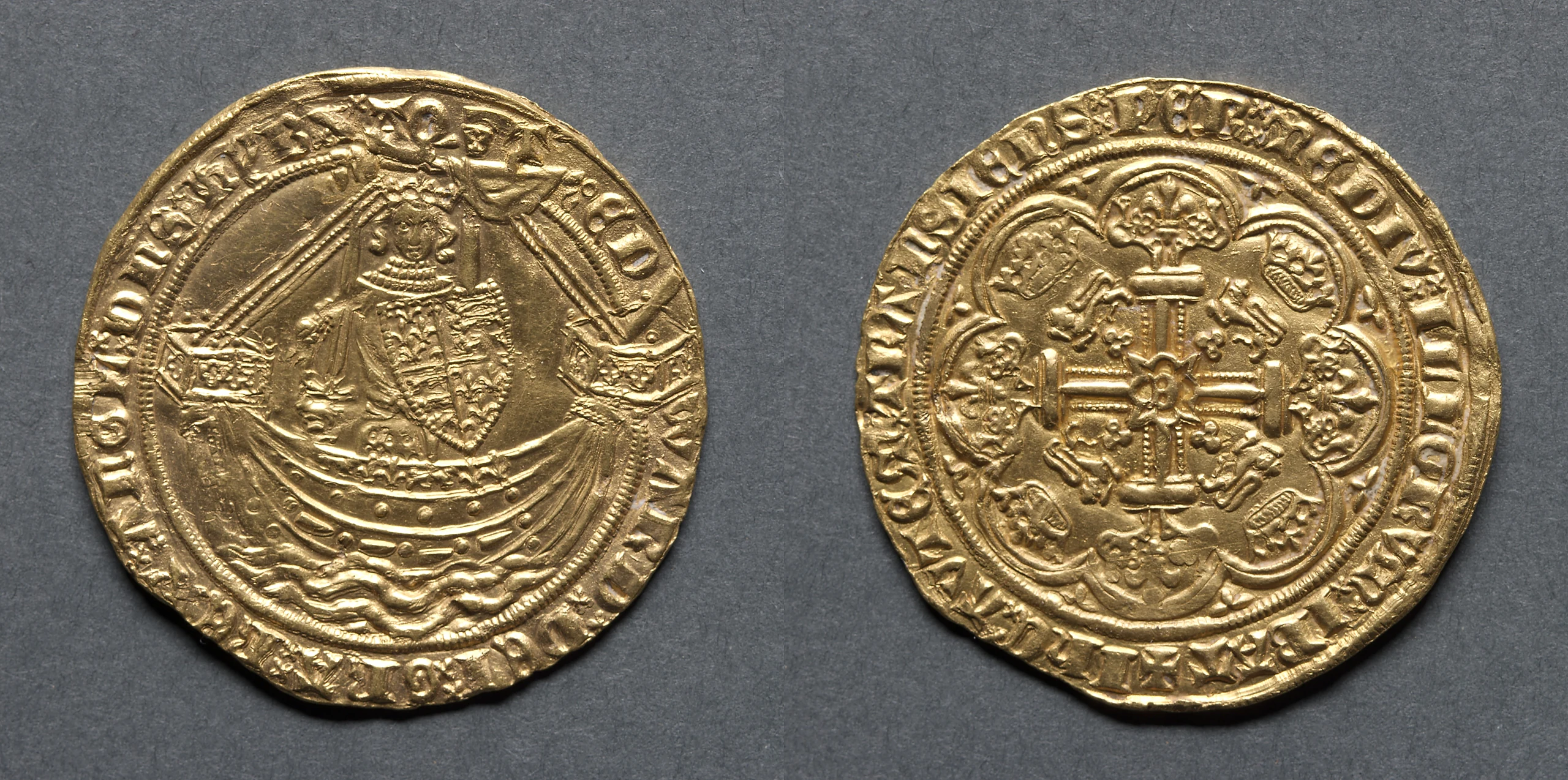 Noble: Edward III Standing in Ship with Shield of Arms (obverse); Ornamental Cross with Lis Terminals (reverse)