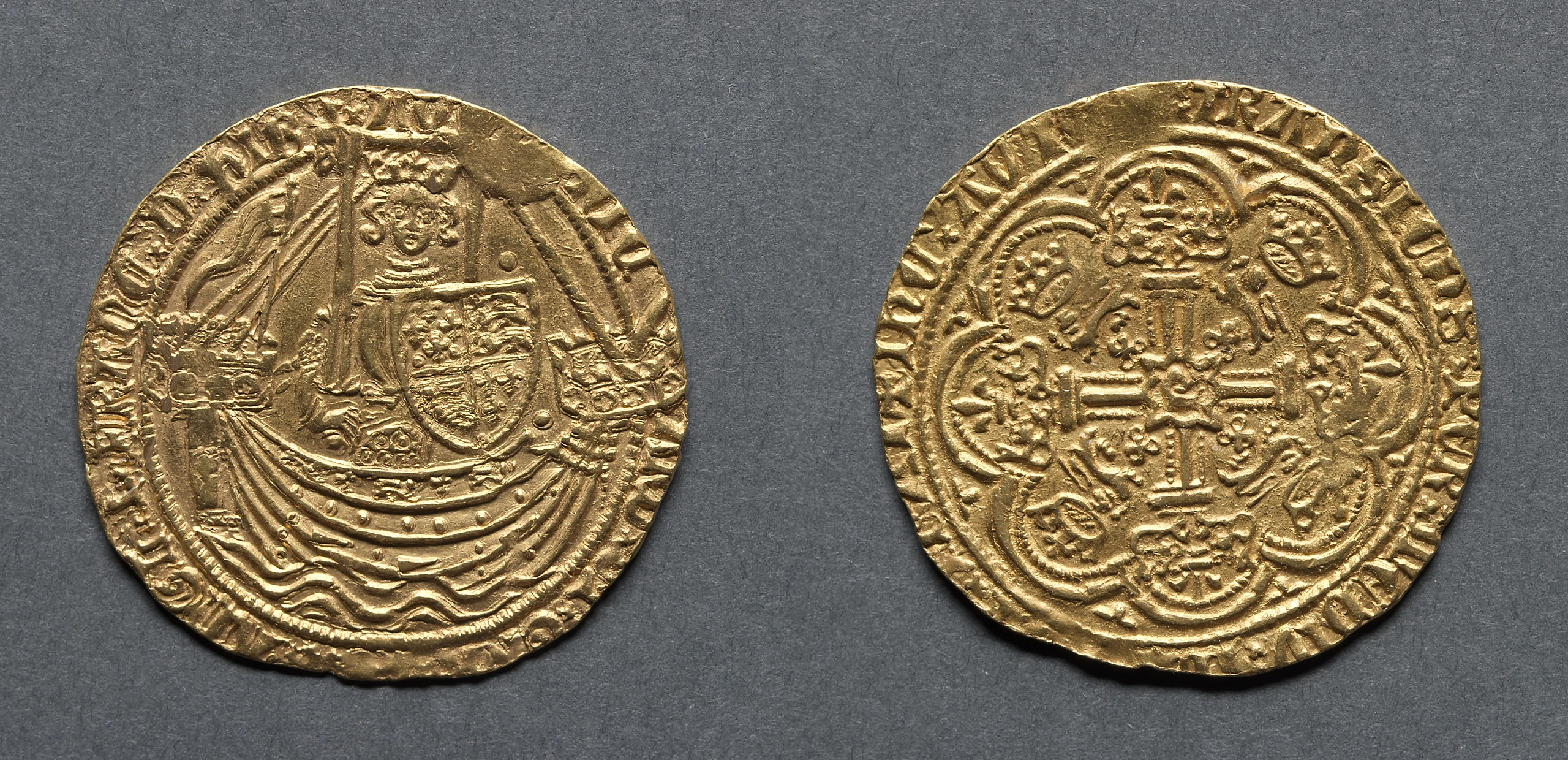 Noble: Richard II Standing on Ship with Shield of Arms (obverse); Ornamental Cross with Lis Terminals (reverse)