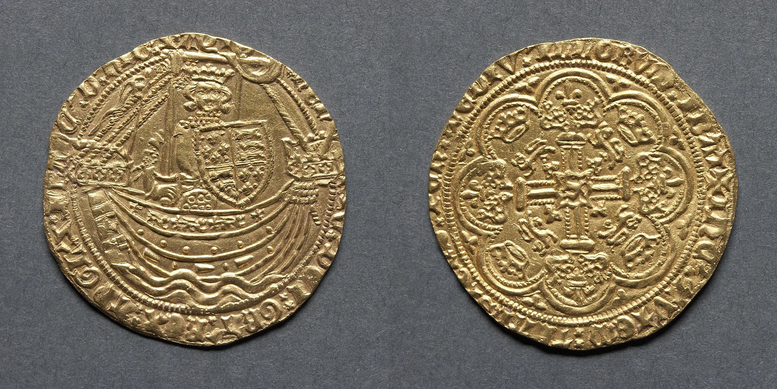 Noble: Henry IV Standing in Ship with Shield of Arms (obverse); Ornamental Cross with Lis Terminals (reverse)