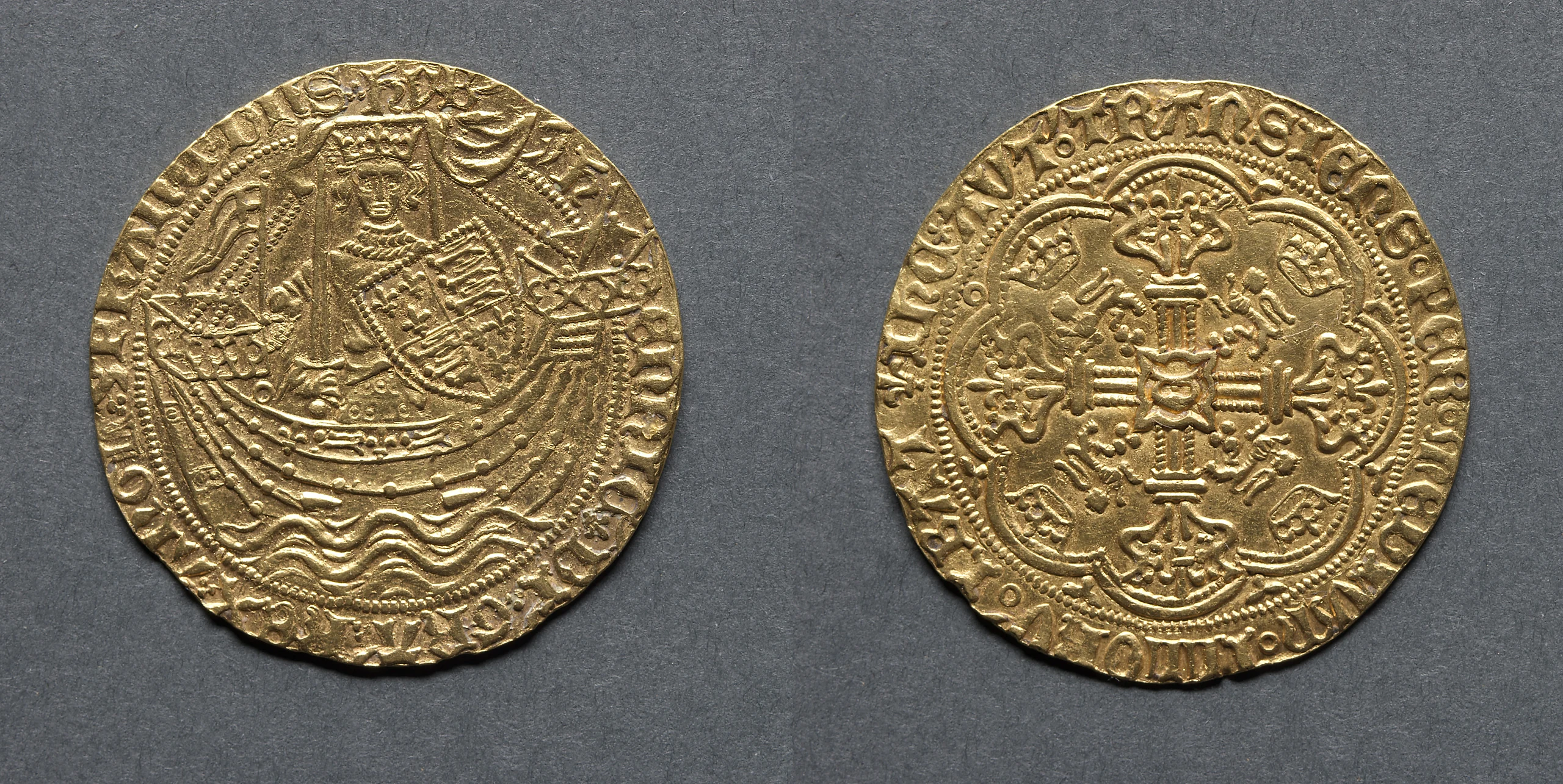 Noble: Henry VI in Ship with Shield of Arms (obverse); Ornamental Cross with Lis Terminals (reverse)