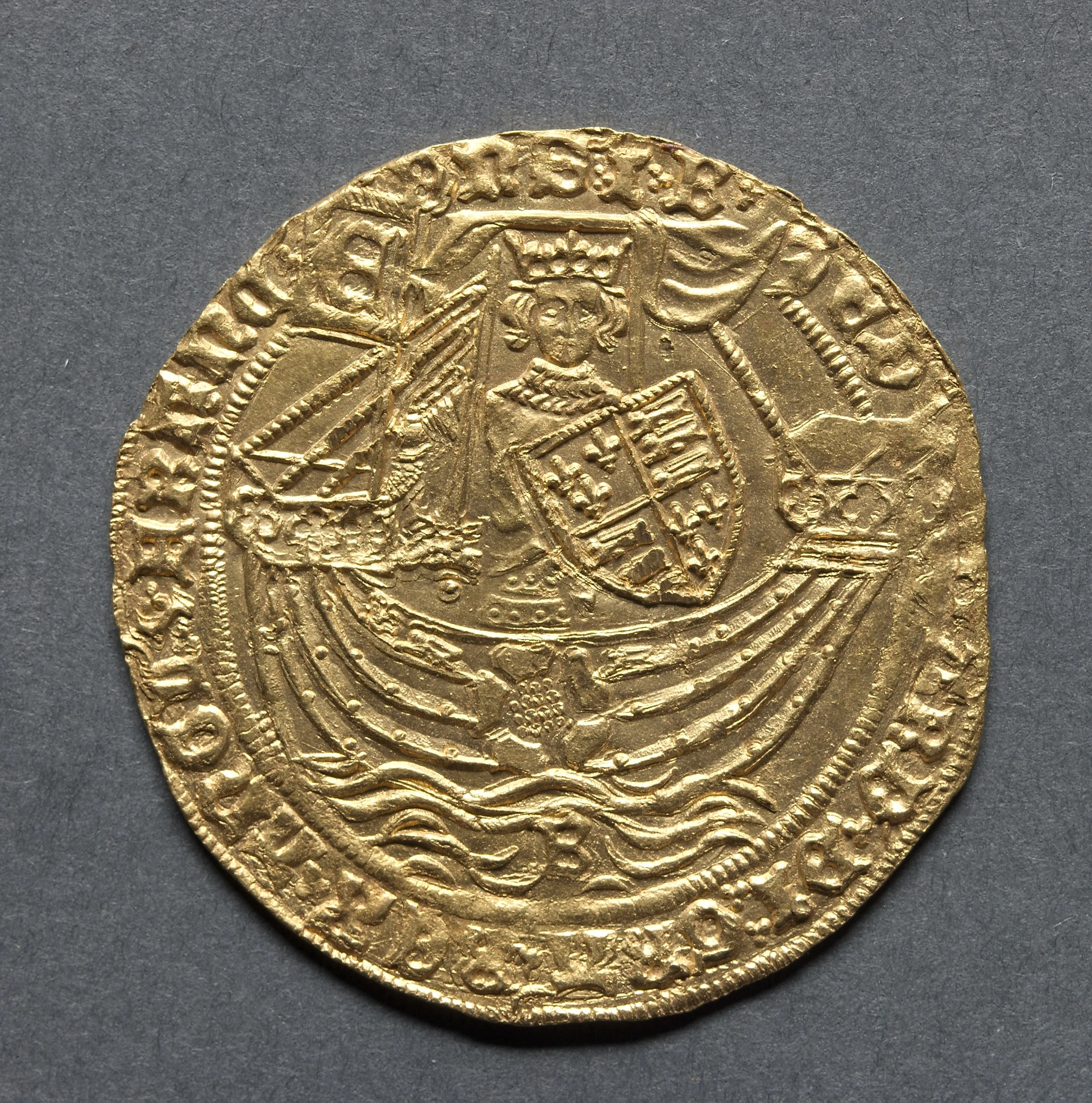 Ryal: Edward IV in Ship with a Shield of Arms and Rose (obverse)