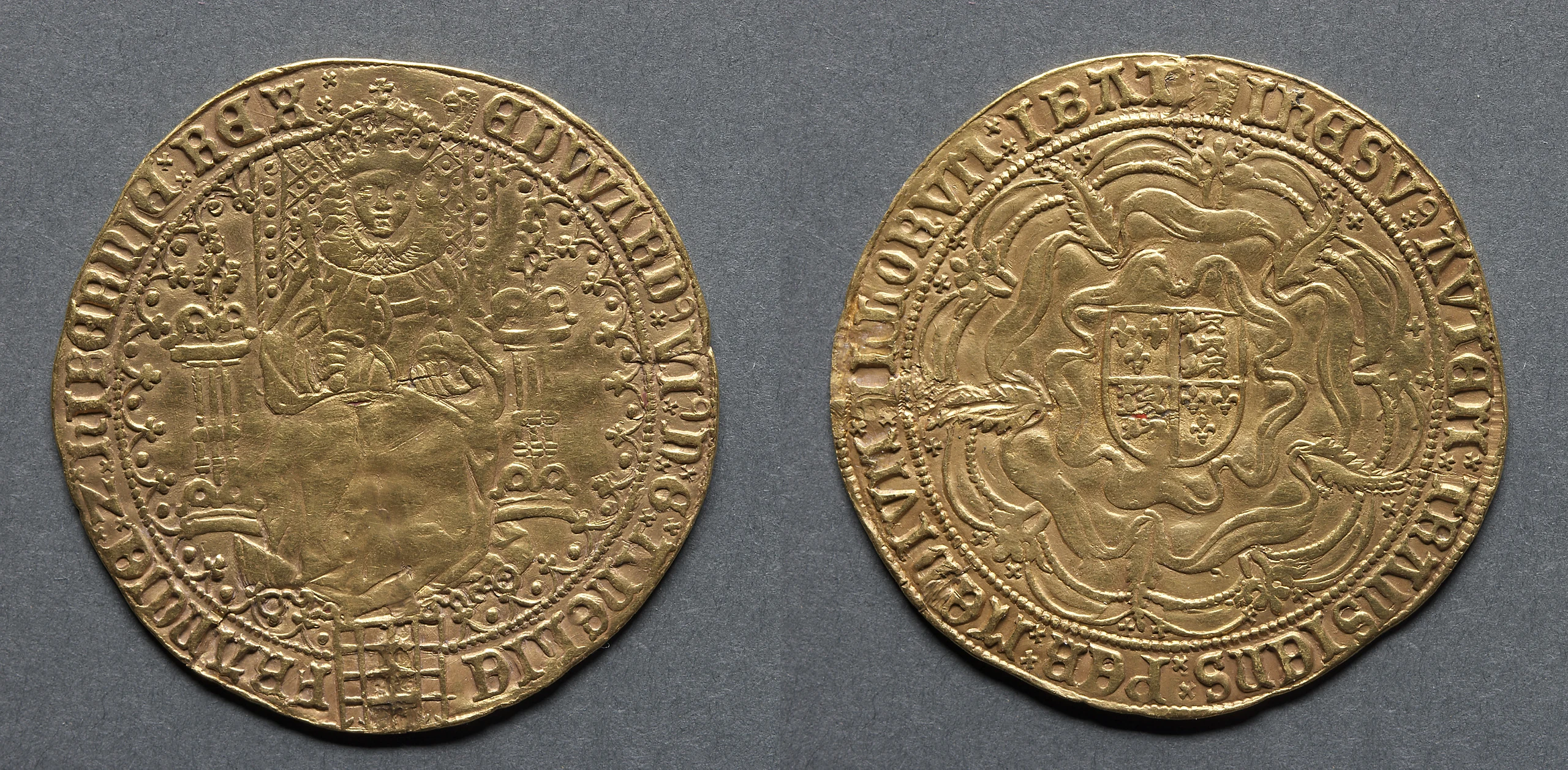 Sovereign of Thirty Shillings: Edward VI Enthroned (obverse); Shield of Royal Arms on Rose (reverse)