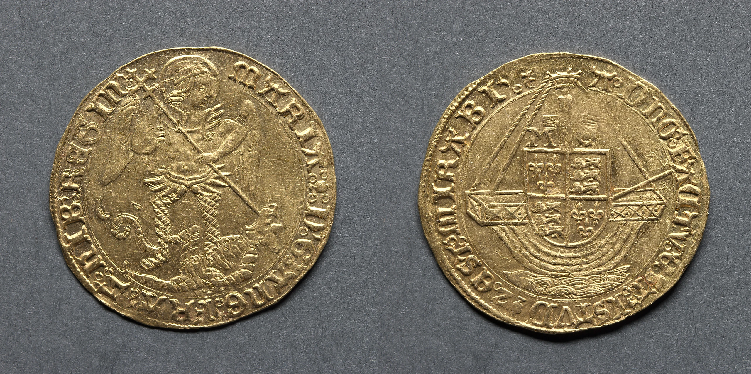 Angel: An Angel Slaying a Dragon (obverse); Ship with Shield of Arms (reverse)