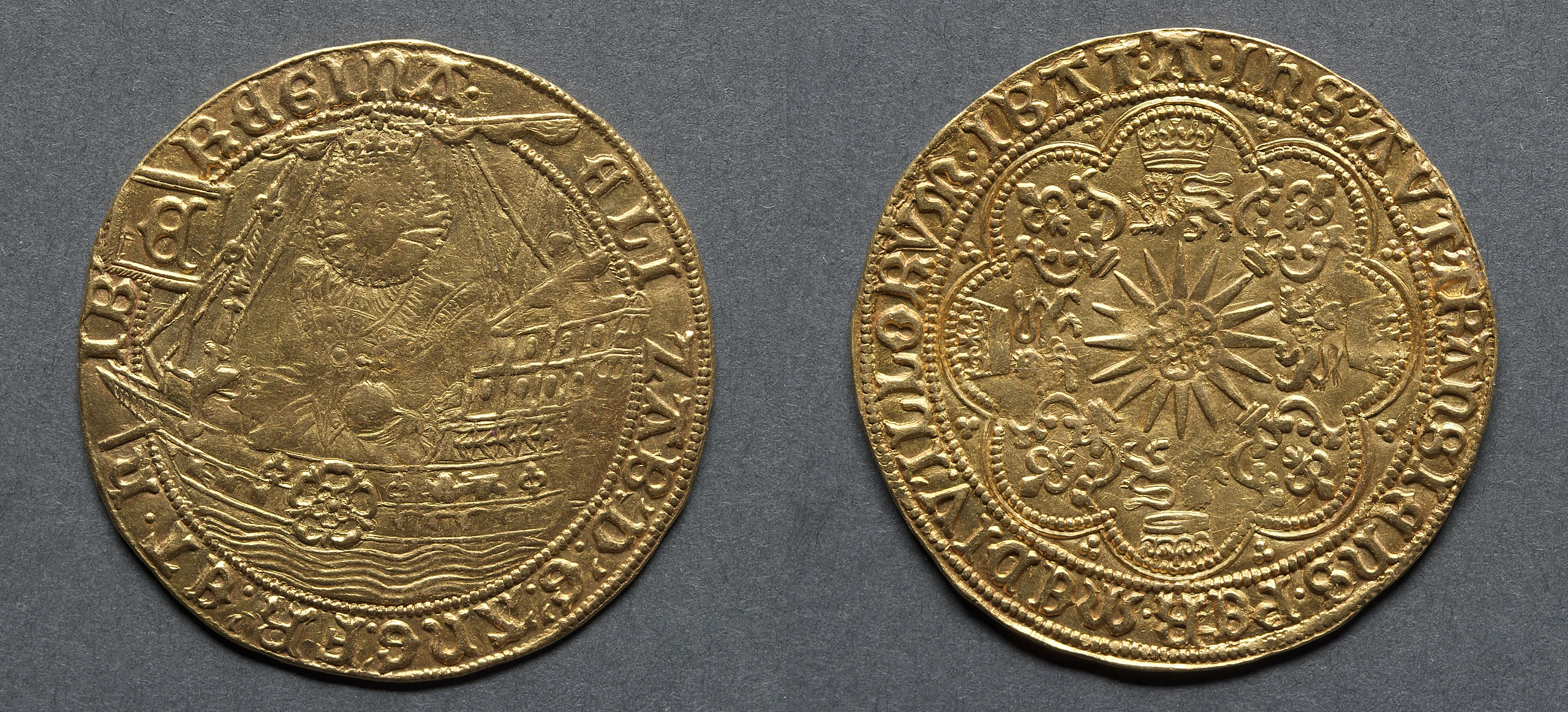 Ryal: Elizabeth I in Ship (obverse); Rose over Radiate Sun (reverse)