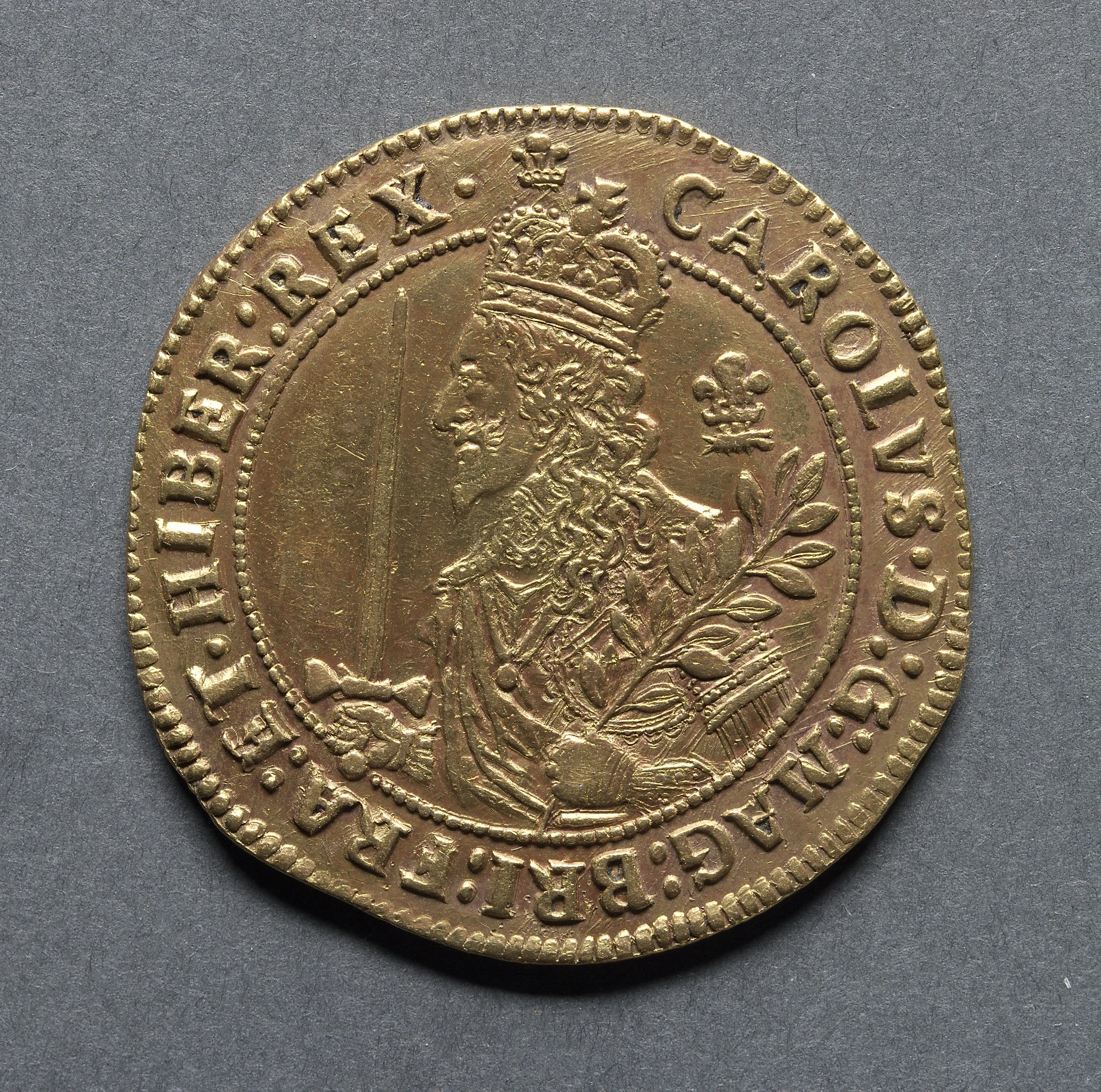 Triple Unite or Three Pound Piece: Charles I (obverse)