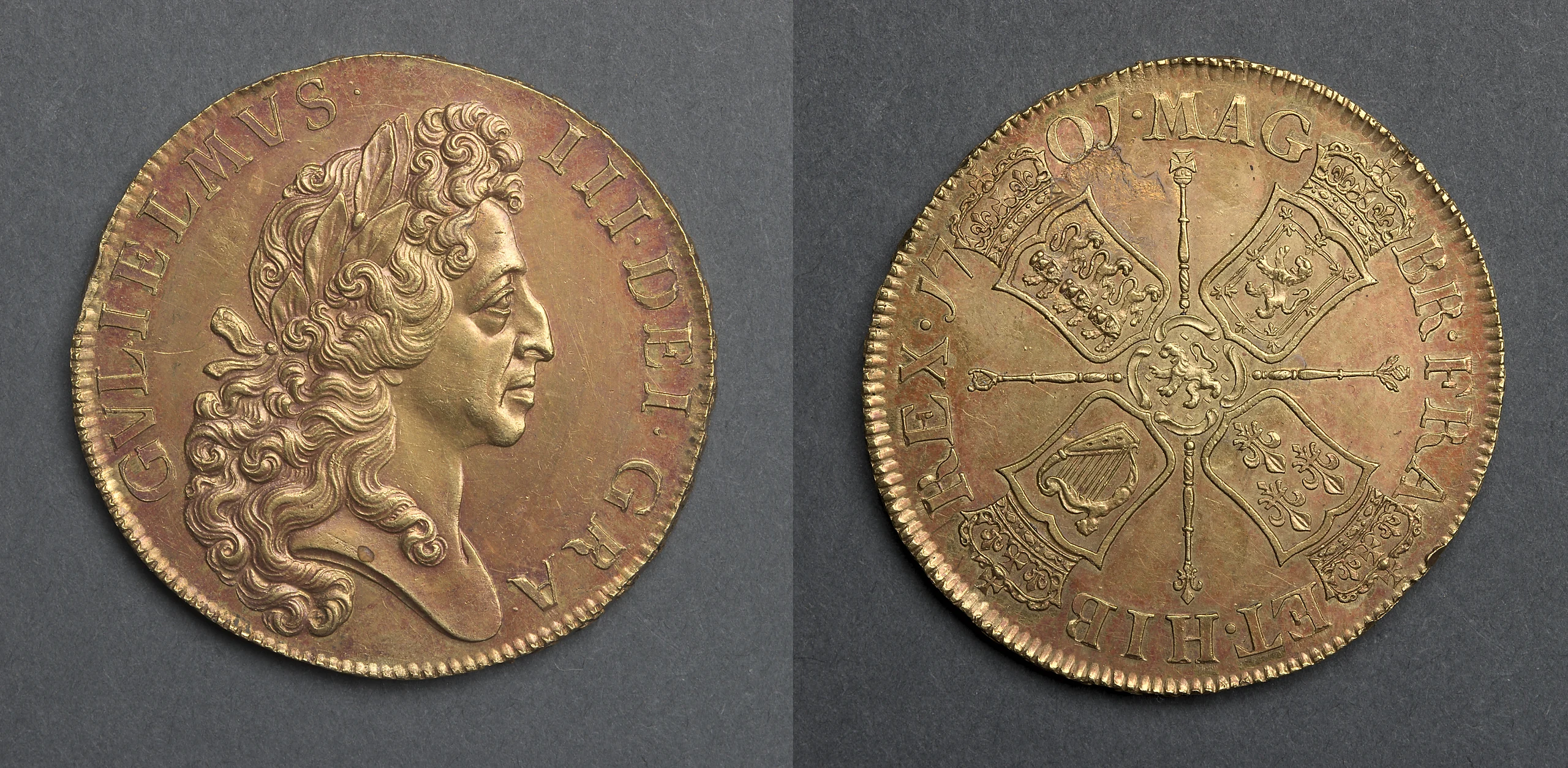 Five Guineas: William III (obverse); Four Shields and Lion of Nassau (reverse)