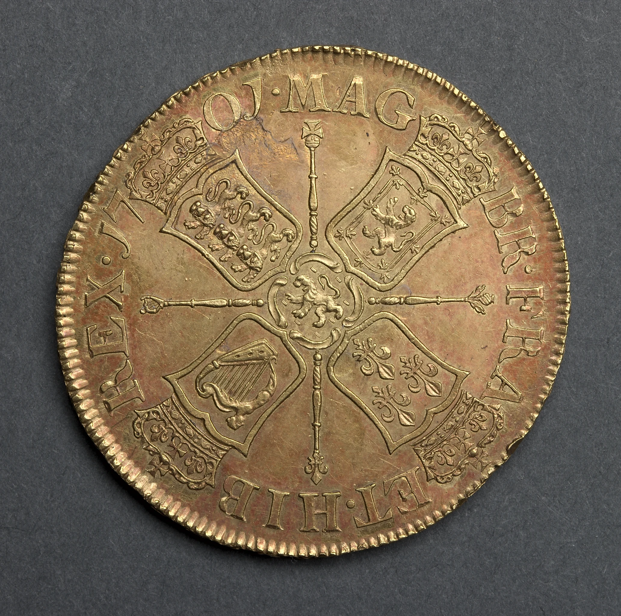 Five Guineas: Crowned Shields, Scepters, and Lion of Nassau (reverse)