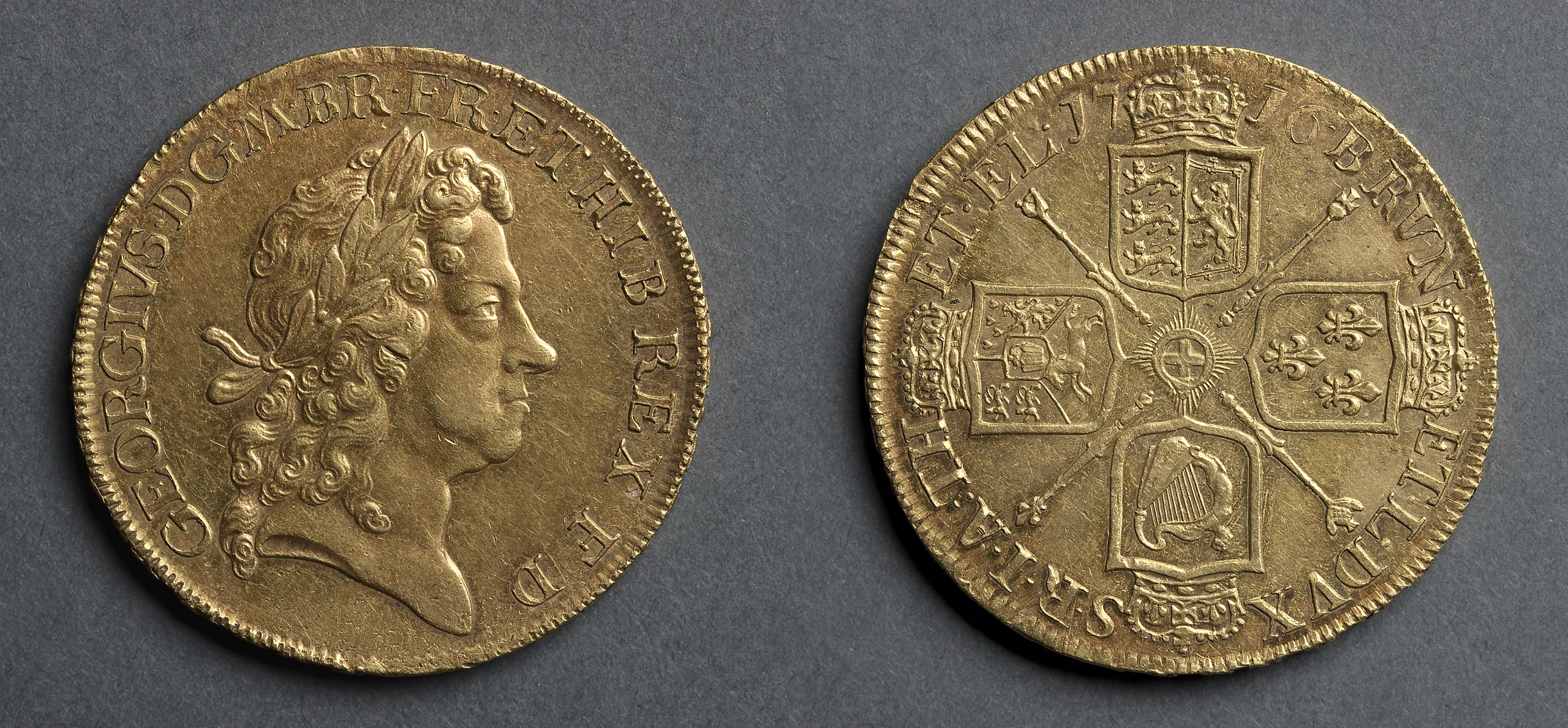 Five Guineas: George I (obverse); Shields and Star of the Order of the Garter (reverse)