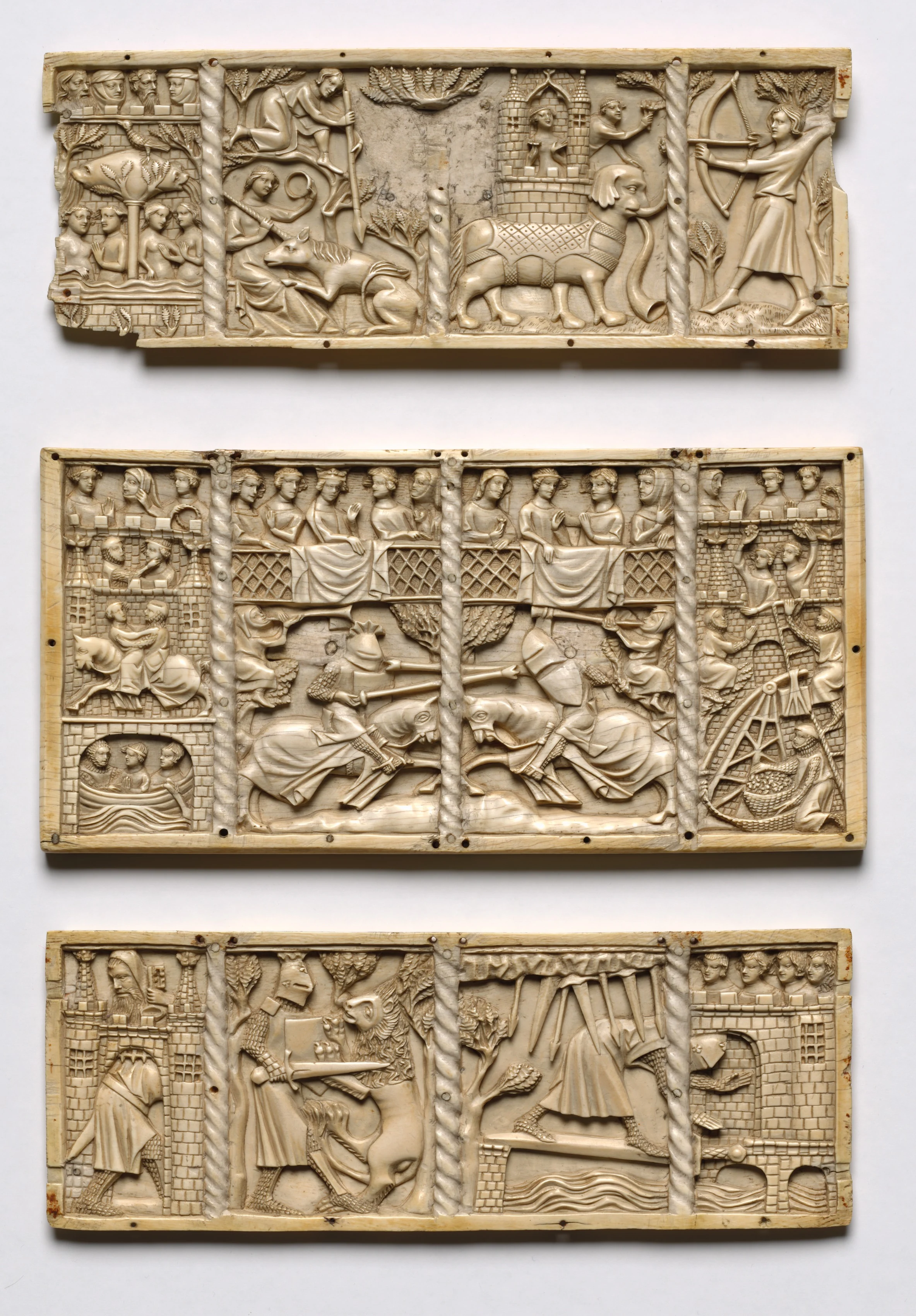 Set of Three Panels from a Casket with Scenes from Courtly Romances