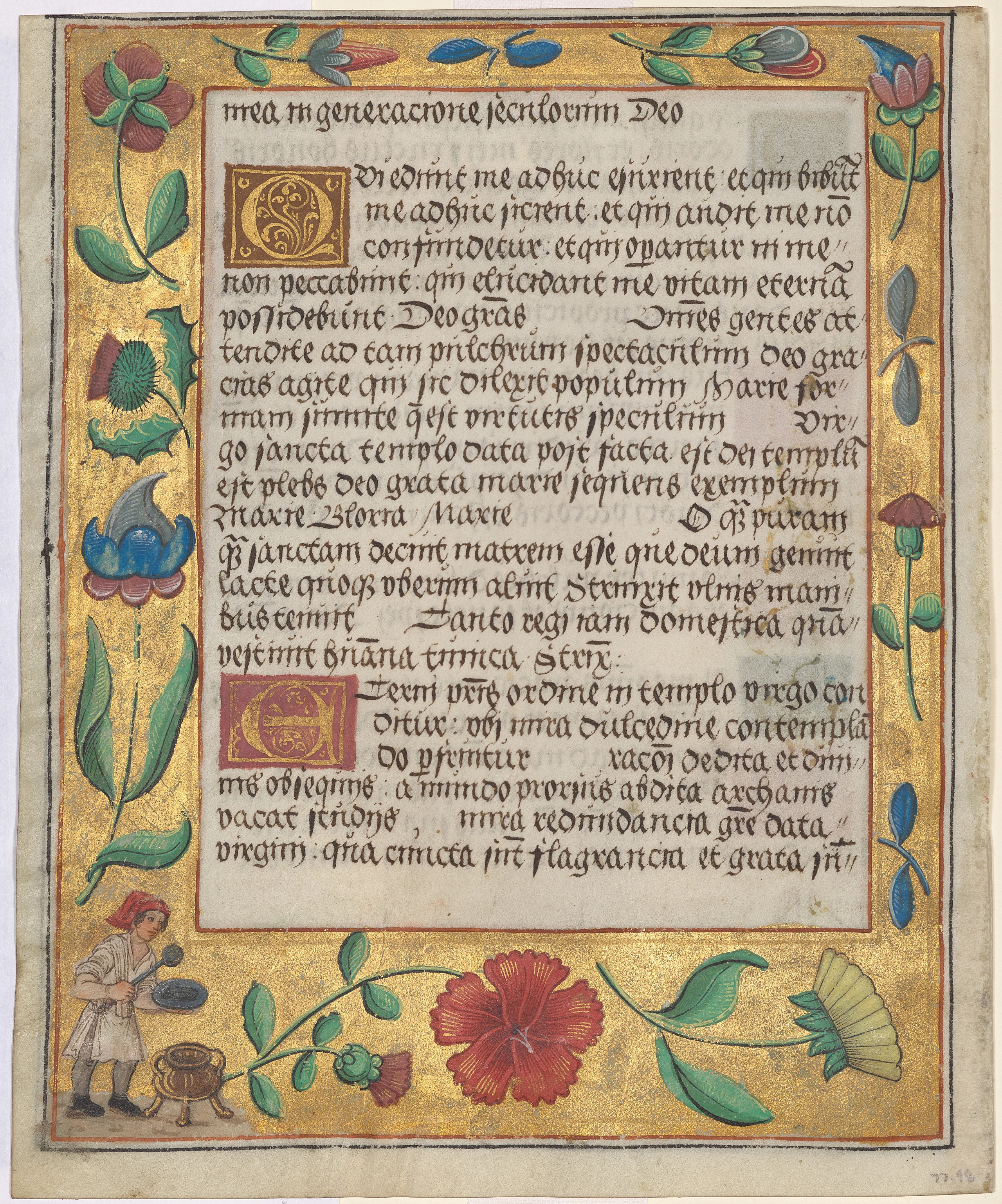 Leaf from a Psalter and Prayerbook: Ornamental Border with Carnations, a Thistle, and a Cook Ladling Soup (verso)