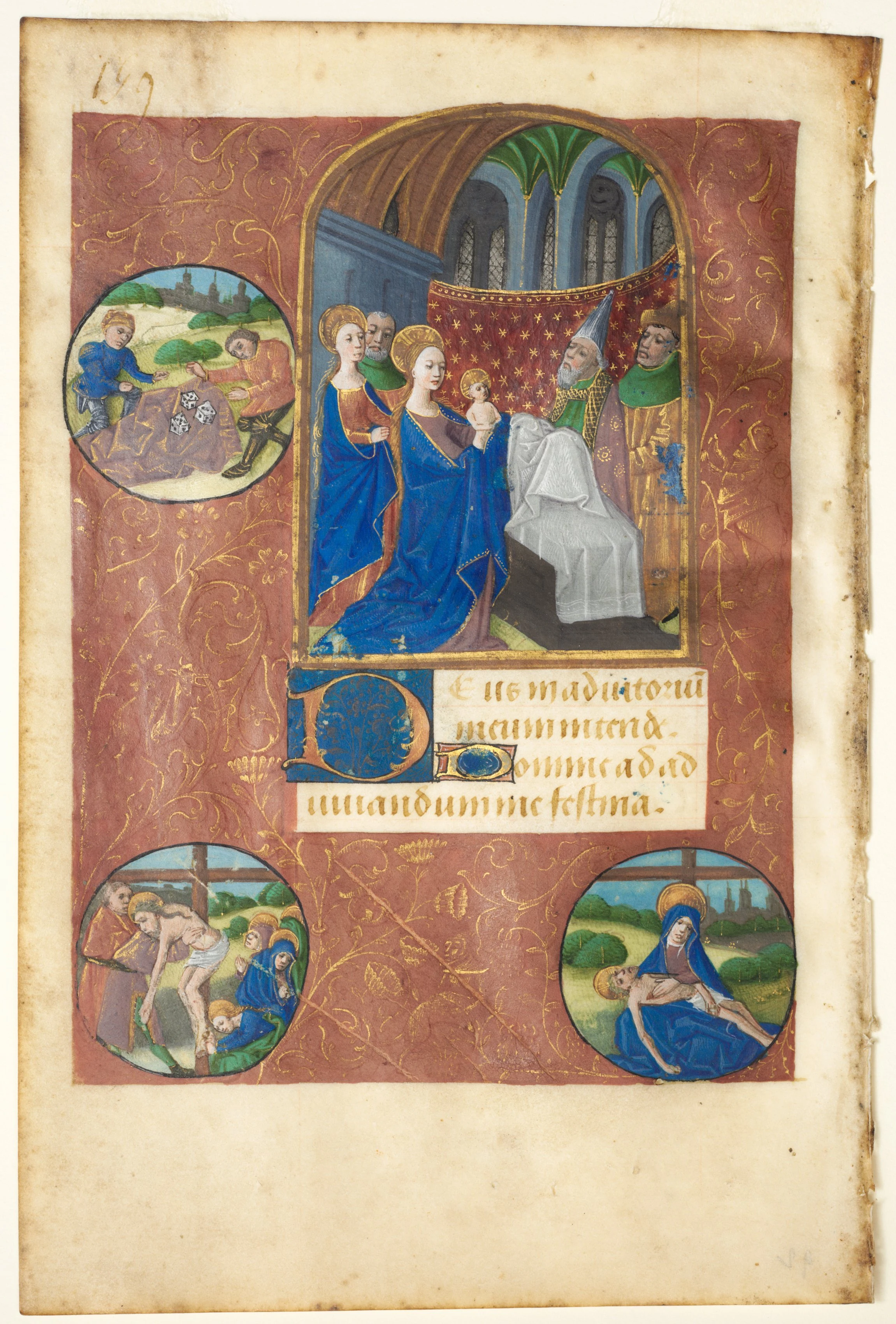 Leaf from a Book of Hours: Presentation in the Temple with Roundels of the Casting of Lots, the Deposition, and Pietà (None, Office of the Virgin)