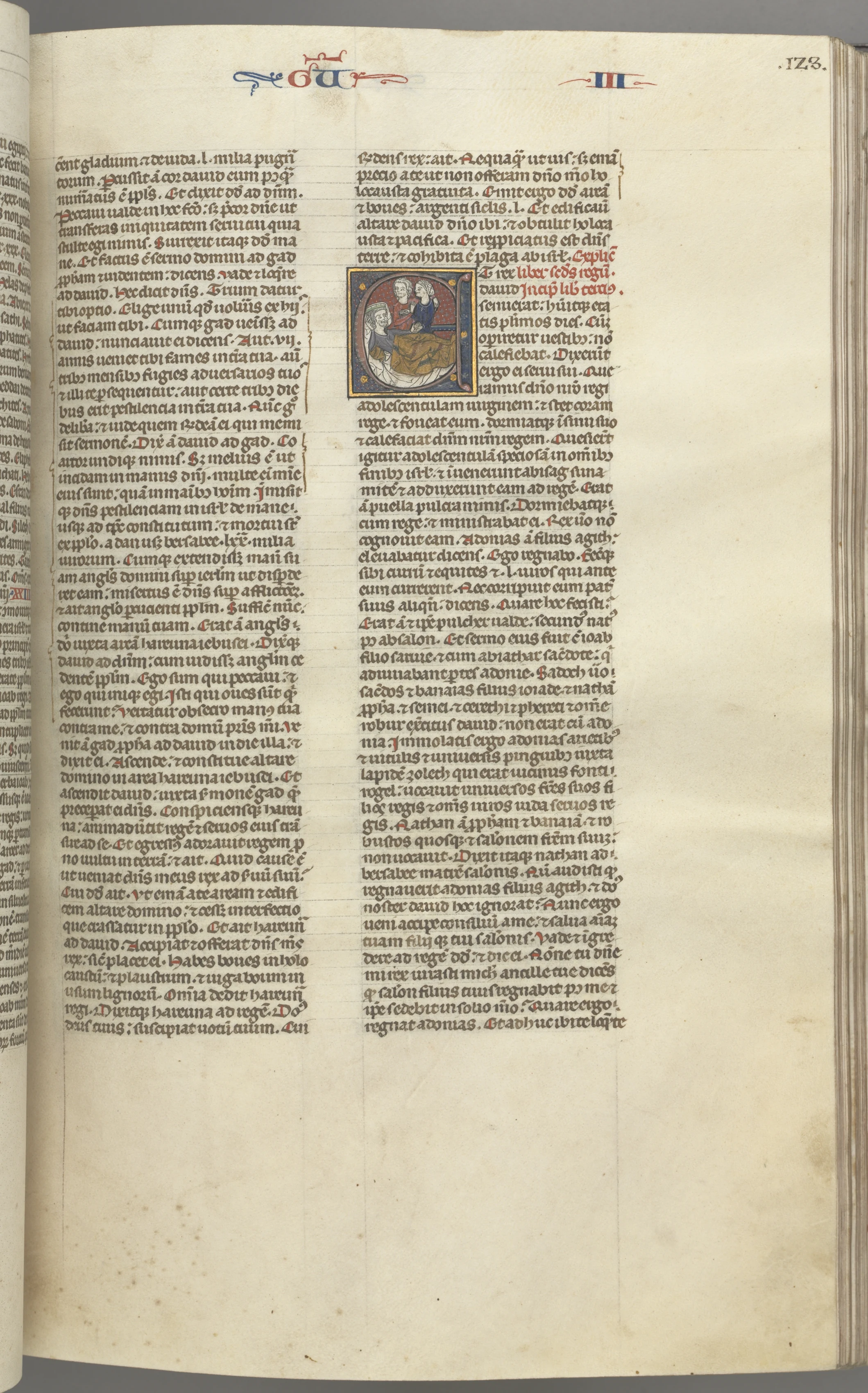 Fol. 123r, Kings III, historiated initial E, an attendant bringing Abishag to David who lies on a bed