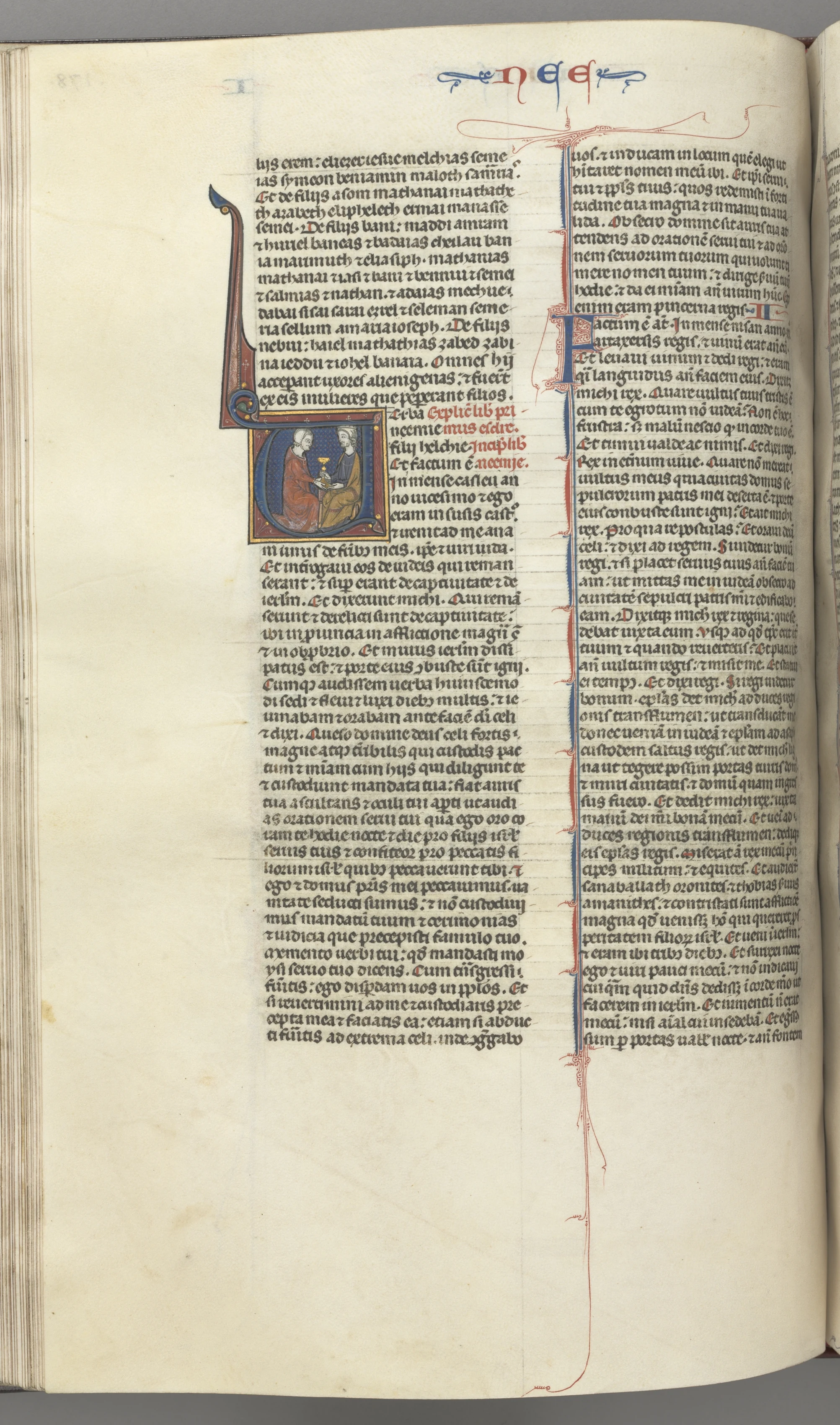 Fol. 178v, Nehemiah, historiated initial V, Nehemiah presenting the golden cup to Artaxerxes