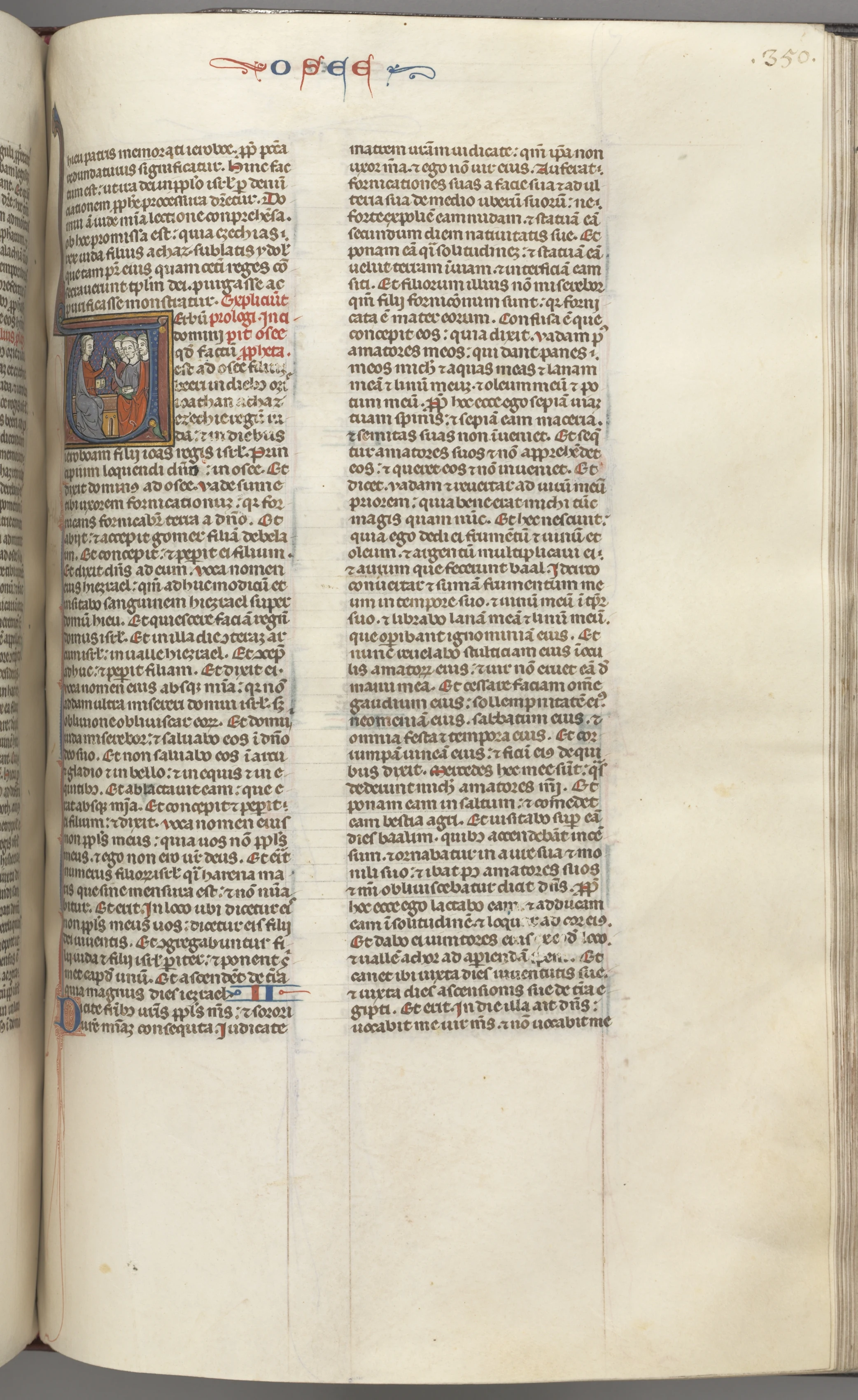 Fol. 350r, Hosea, historiated initial V, Hosea preaching to three men.