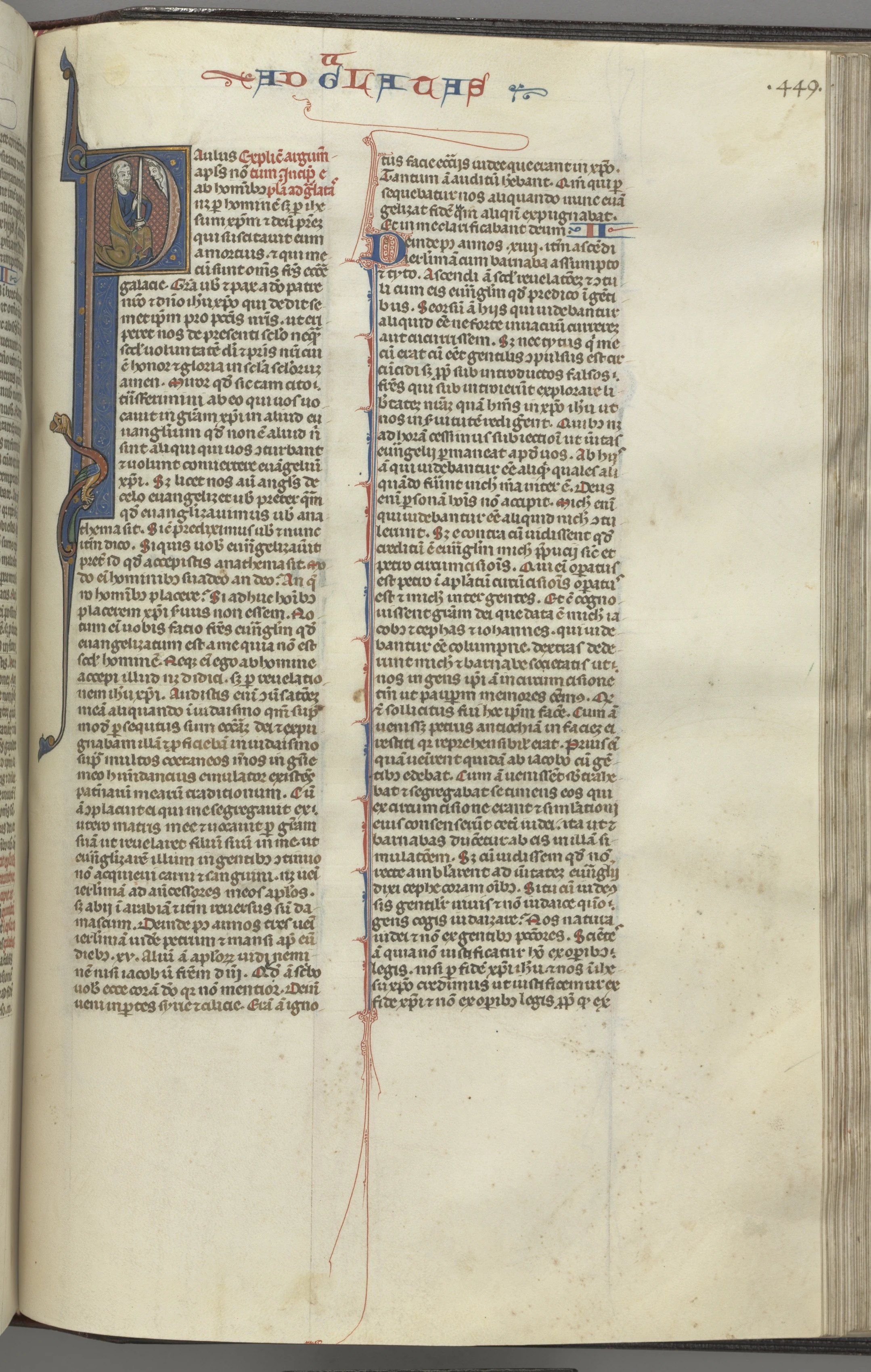Fol. 449r, Galatians, historiated initial P, Paul seated with a sword, talking to the bust of God above