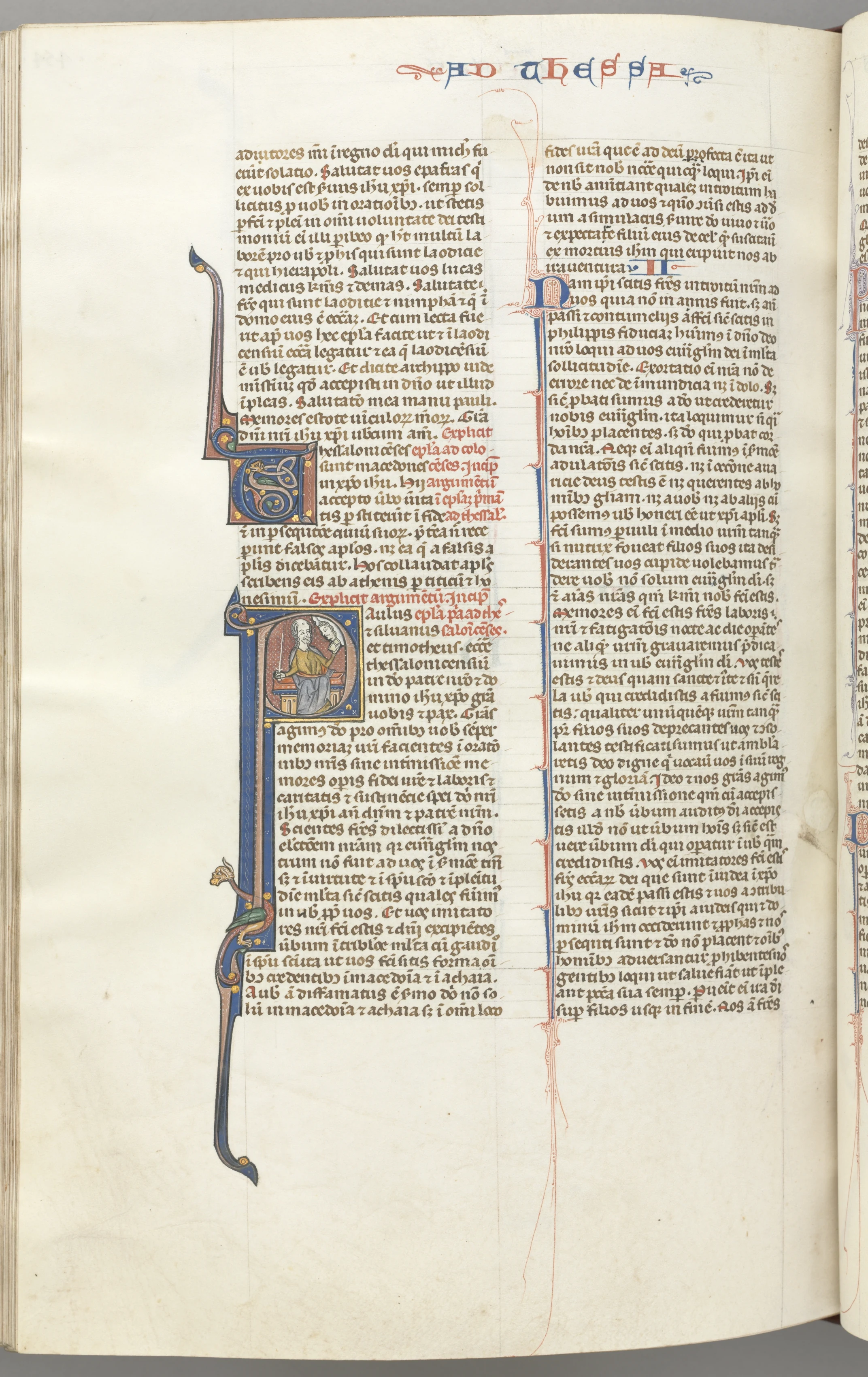 Fol. 454v,Thessalonians I, historiated initial P, Paul seated with a sword and a book, talking to the bust of God above