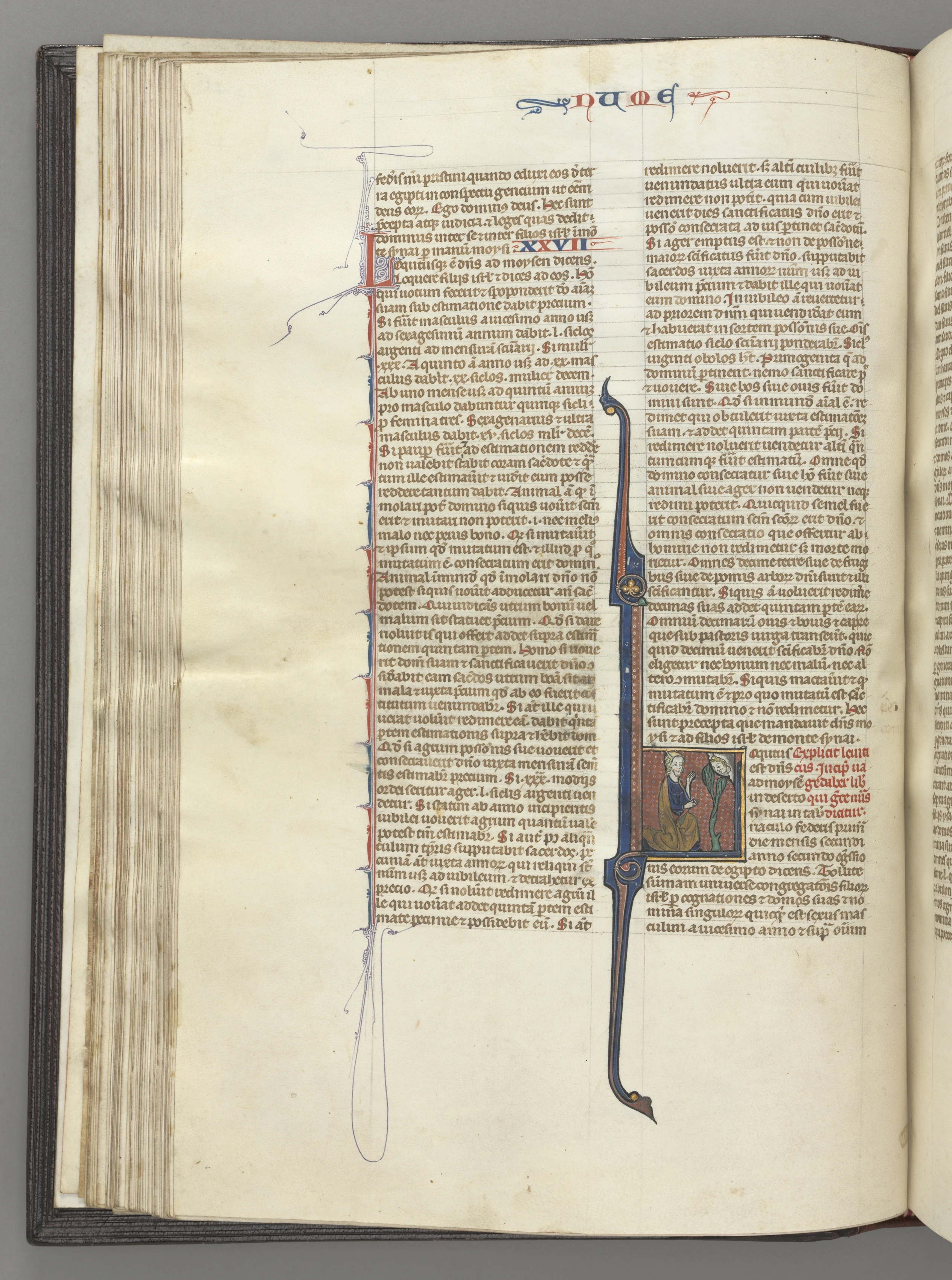 Fol. 46v, Numbers, historiated initial L, Moses with horns, kneeling before God
